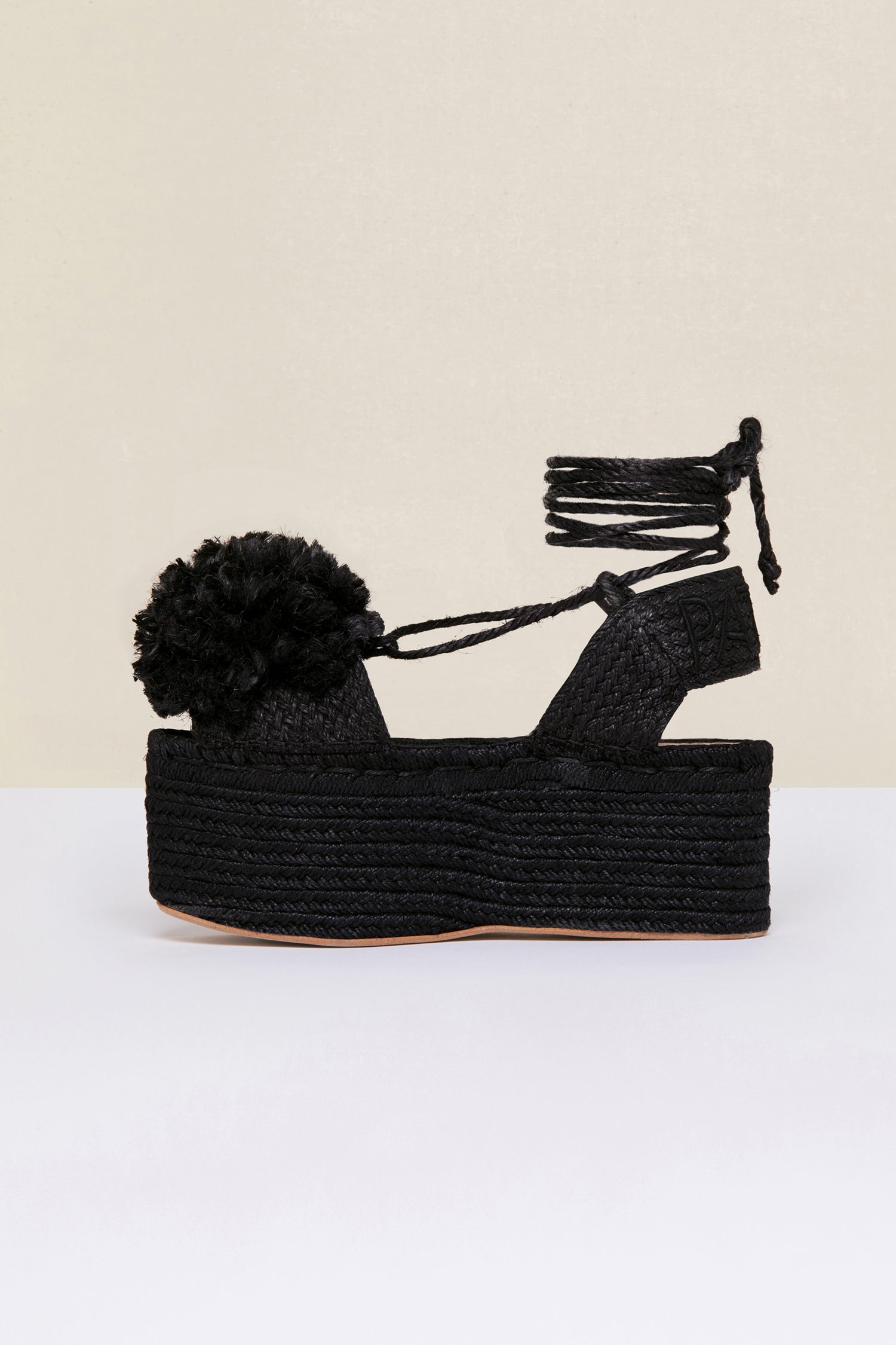 Patou Pompom espadrilles compensées noires jute