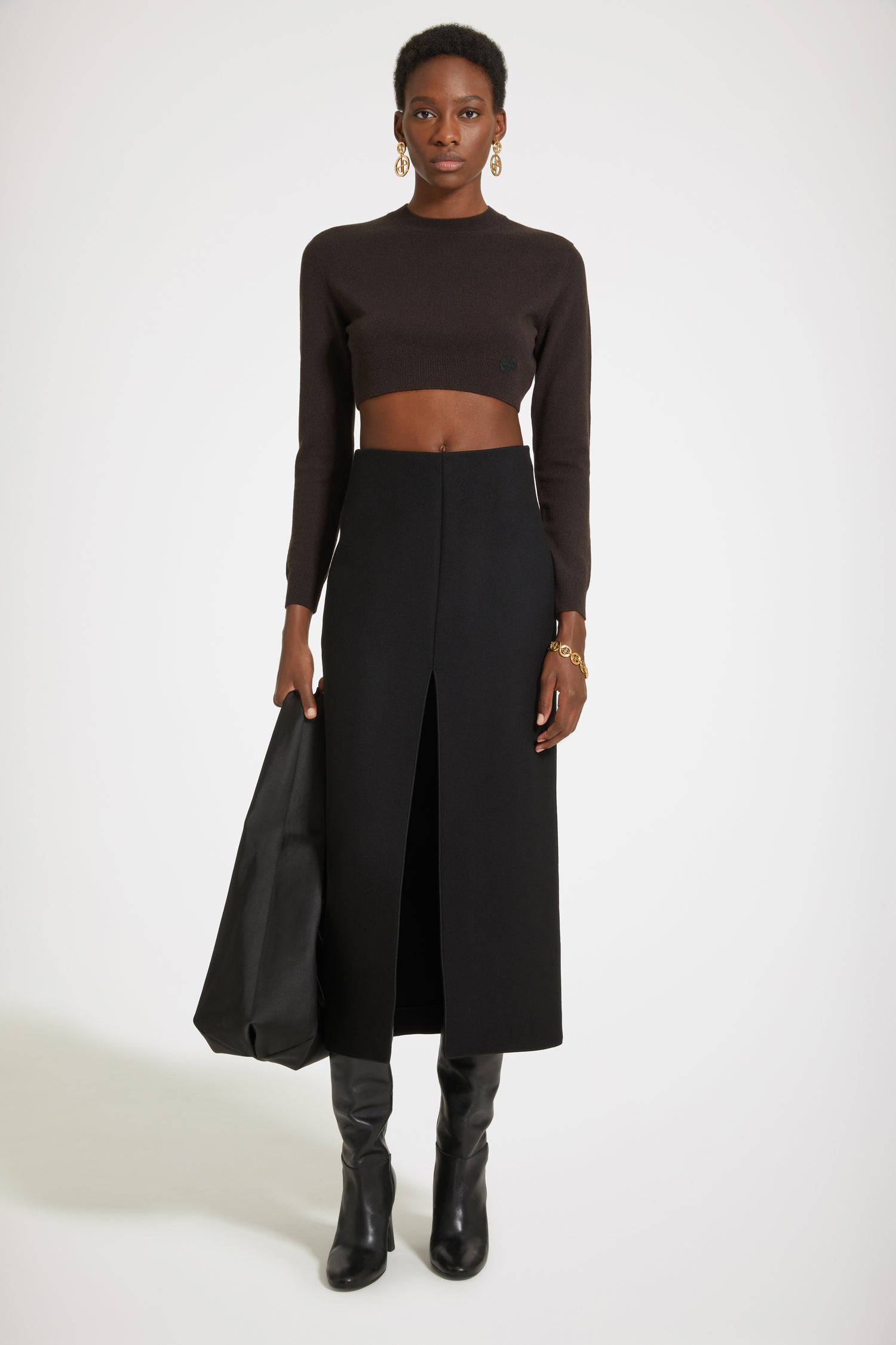 Patou SK054 jupe midi noire fendue feutrine laine