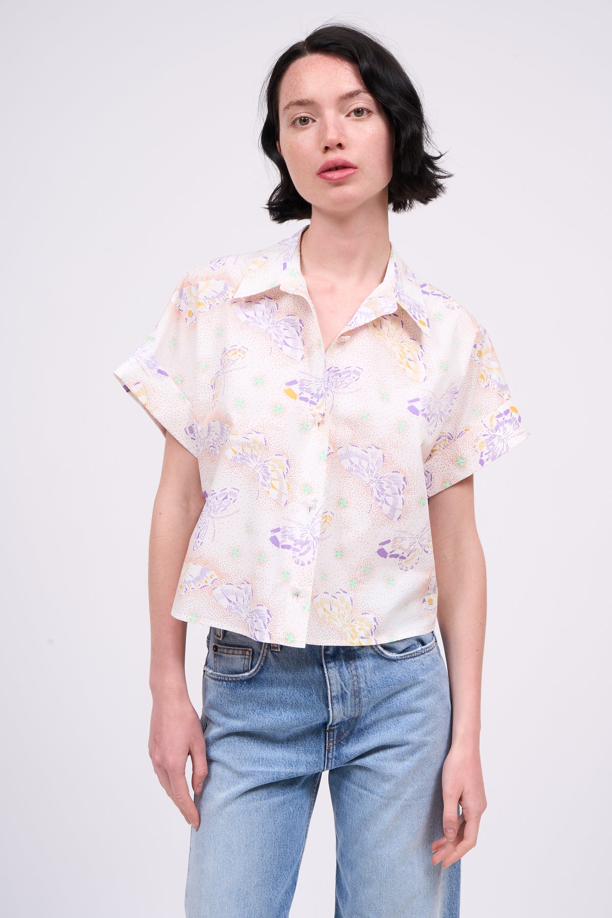 Paul & Joe Chemise courte popeline coton imprimé damier papillon