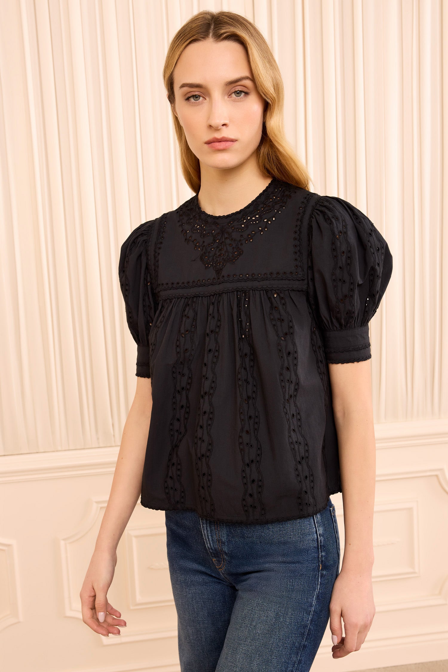 Ulla Johnson Una Top Coton Noir Broderie Manches Courtes
