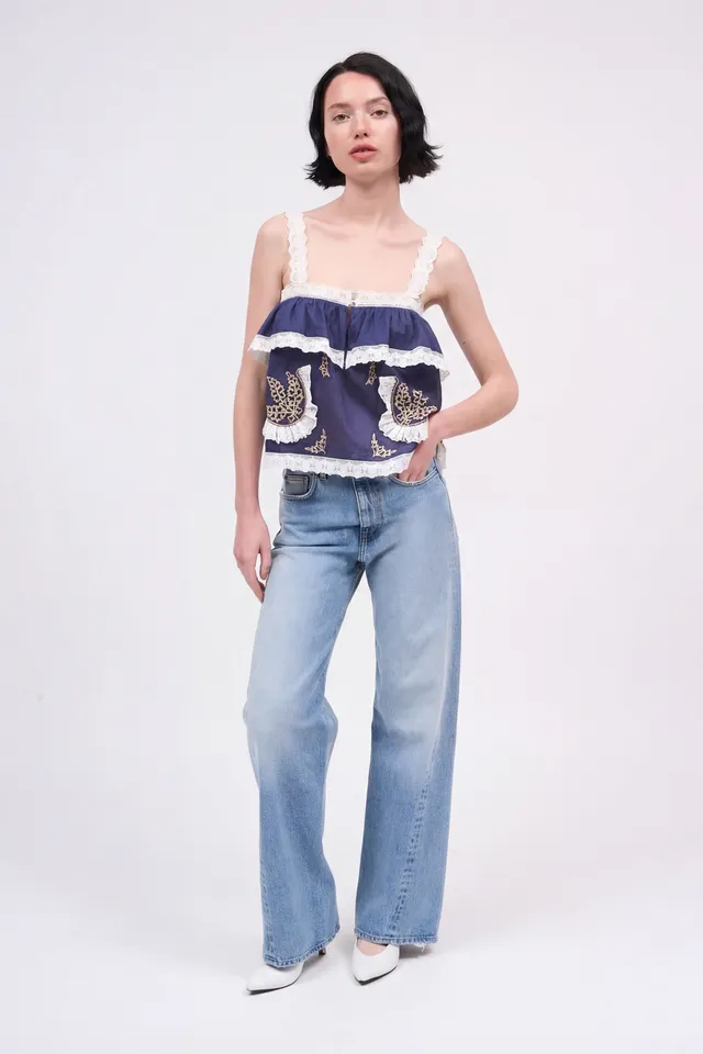 Paul & Joe Top Tylian mousseline coton brodé Marine