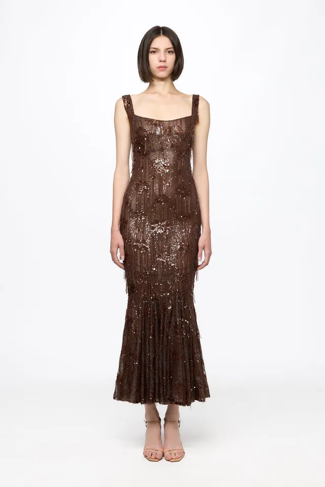 ATU Body Couture Sequins and Feathers robe longue sirène marron taille S