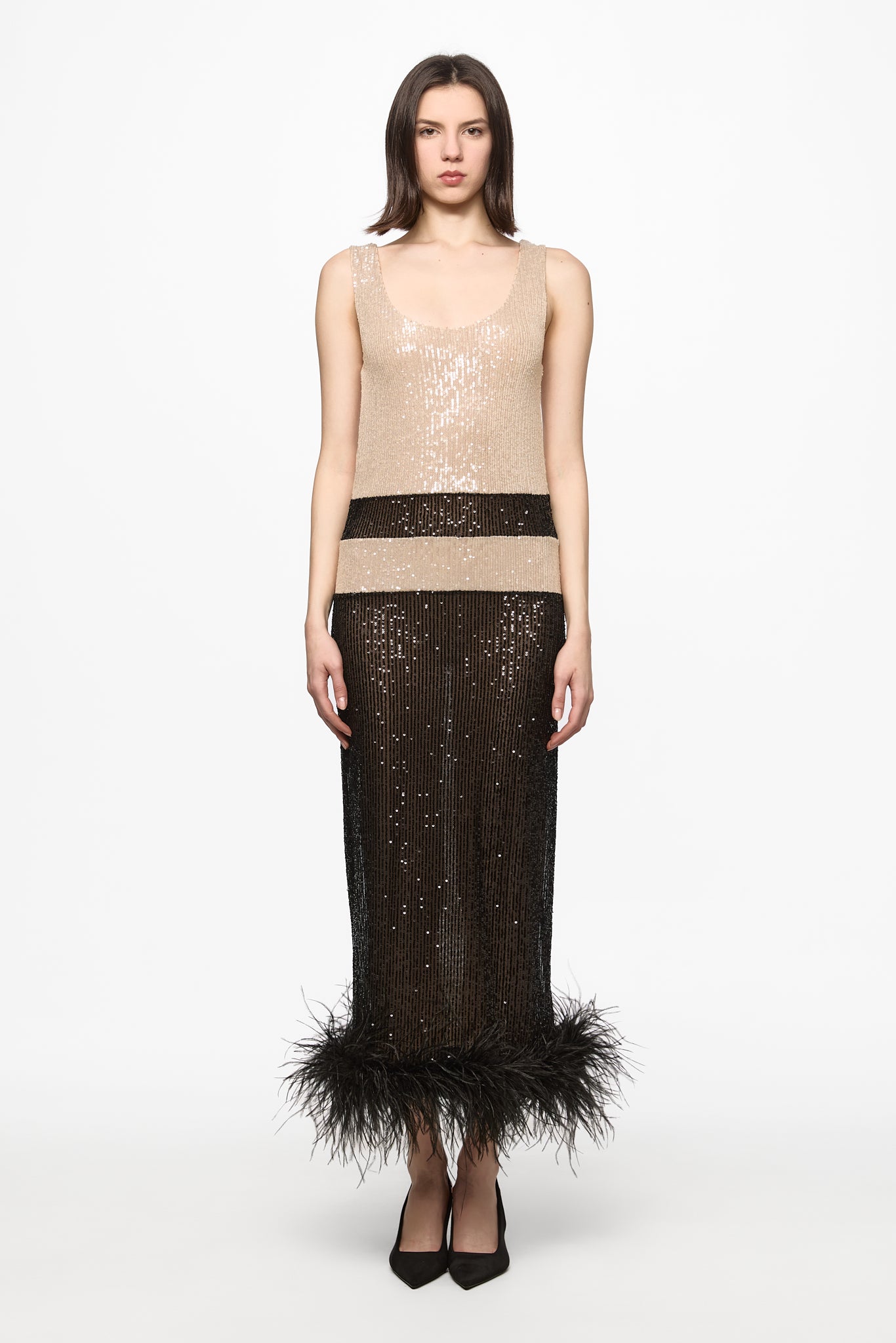 ATU Body Couture Sequins robe midi noir sequins plumes taille S