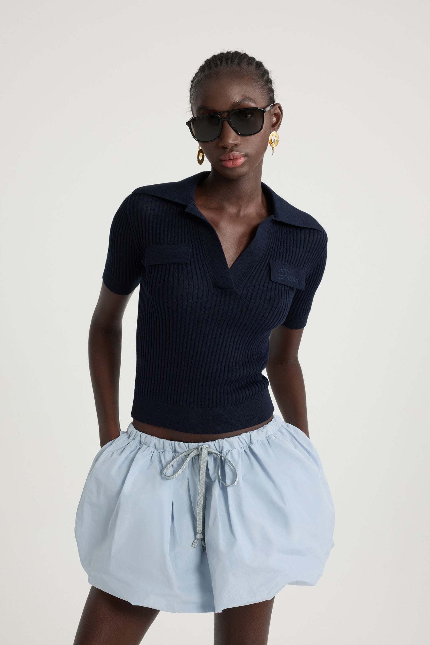 Patou KN229 top polo maille côtelée coton navy black