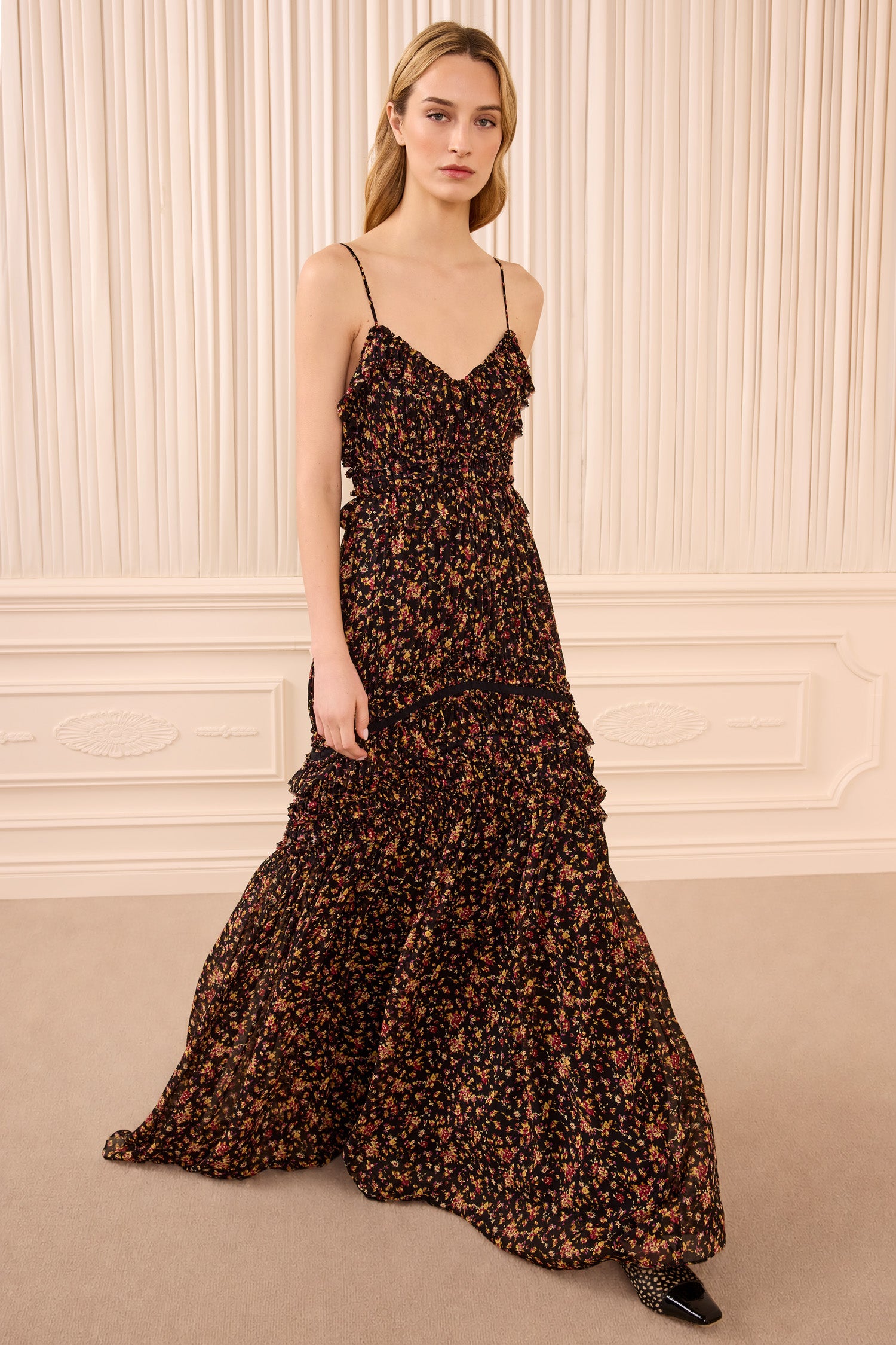 Ulla Johnson Dorothea Robe Longue Soie Noir Mille Fleur Volants