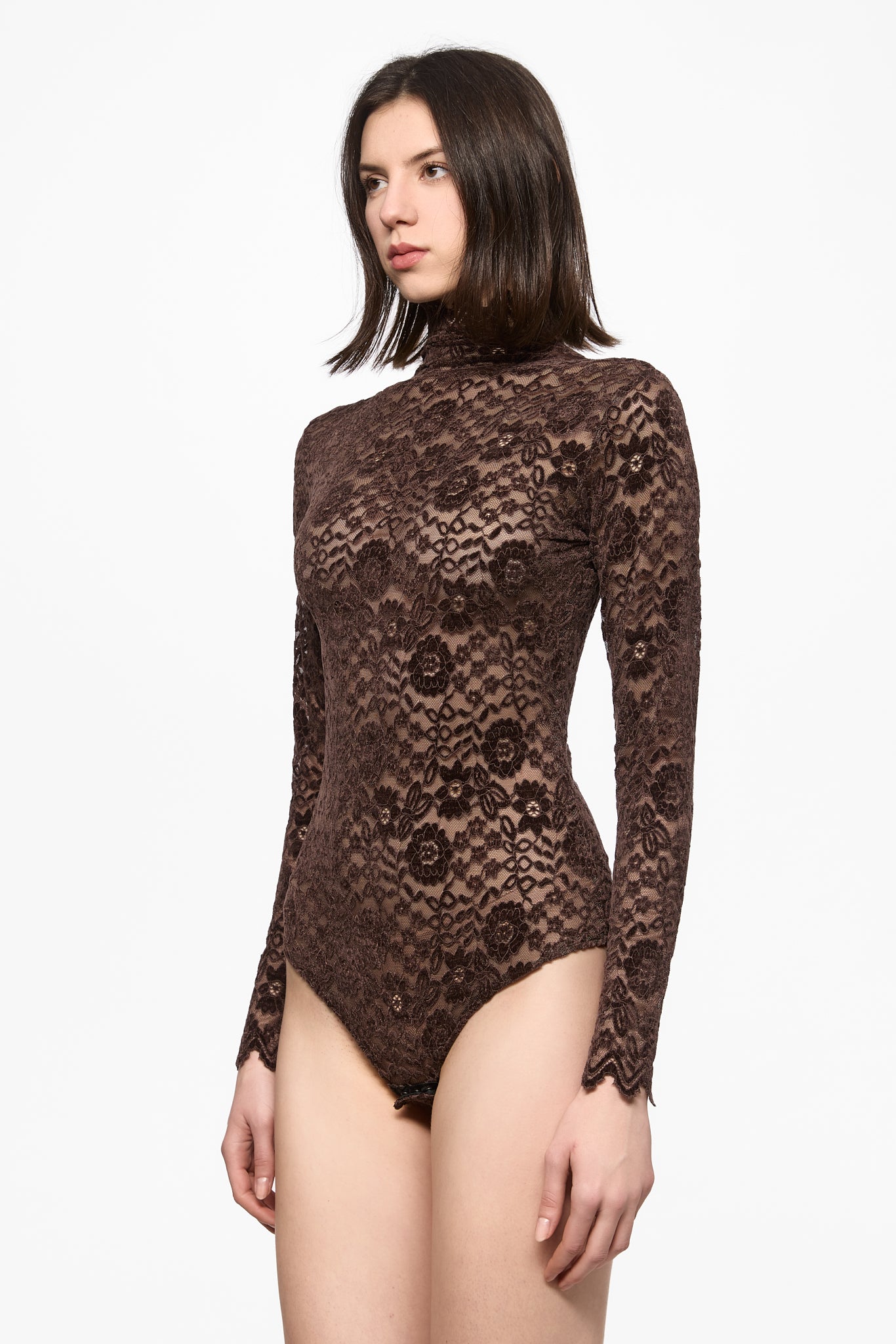 ATU Body Couture Bodysuits Body Dentelle Marron Col Montant