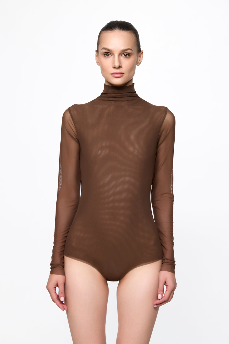 ATU Body Couture bodysuit tulle marron col montant manches longues