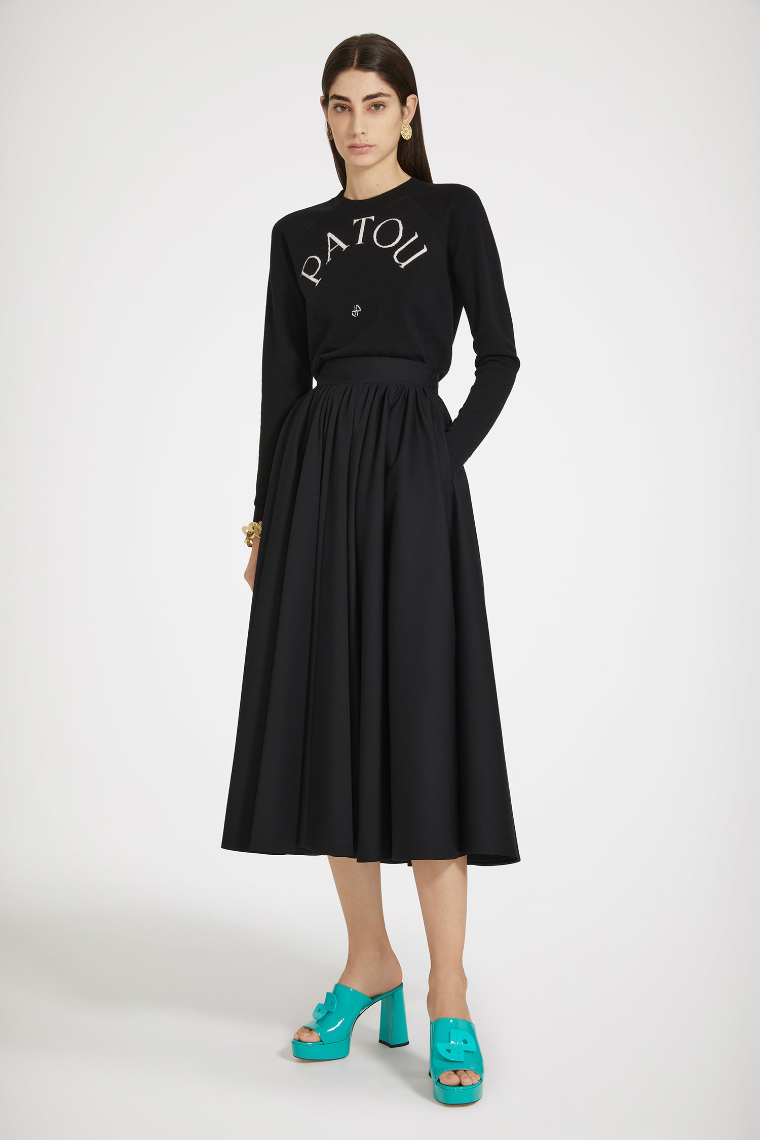 Patou SK064 jupe midi coton noir volume cercle