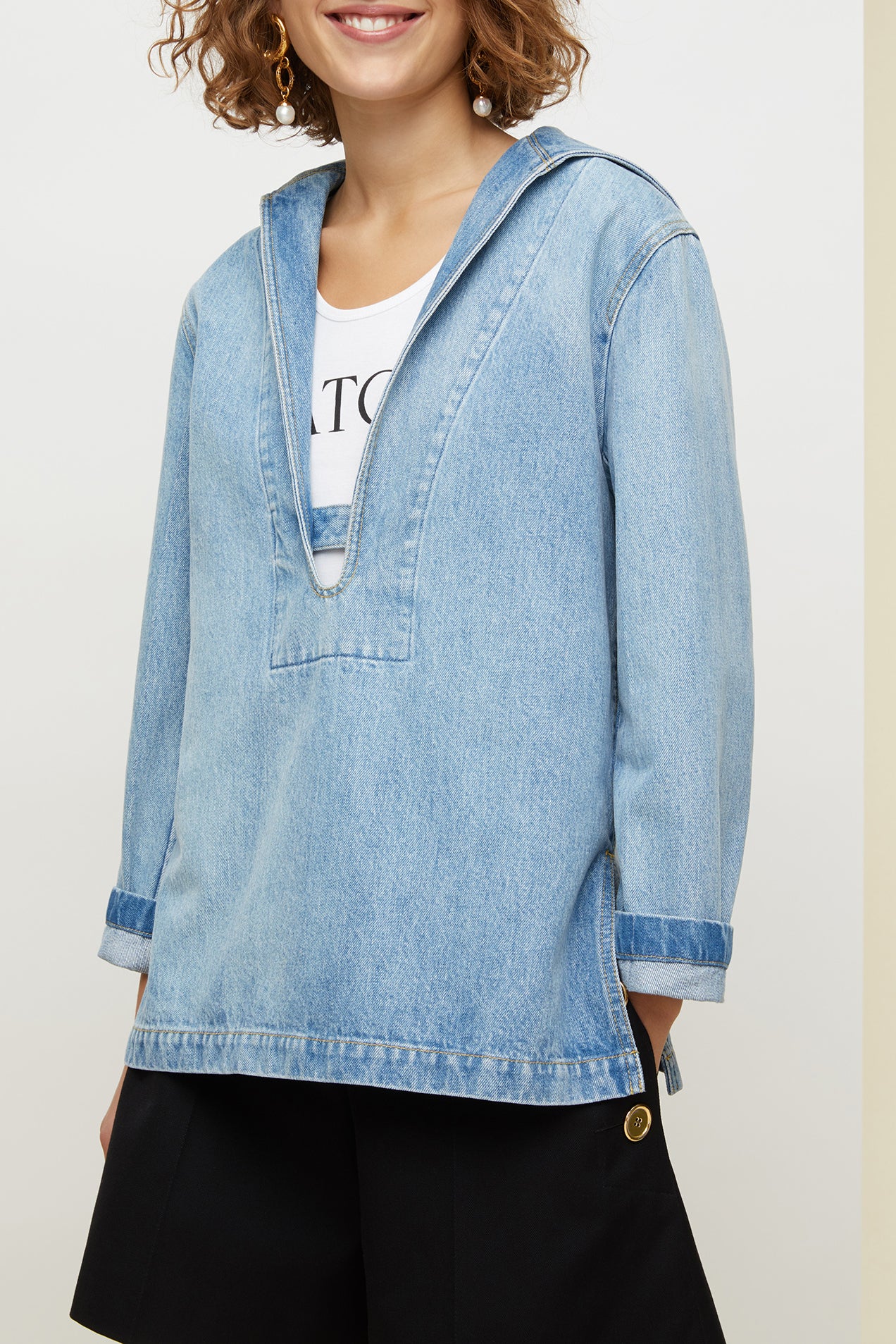 Patou OU004 Tunique denim bio Blueberry col marin