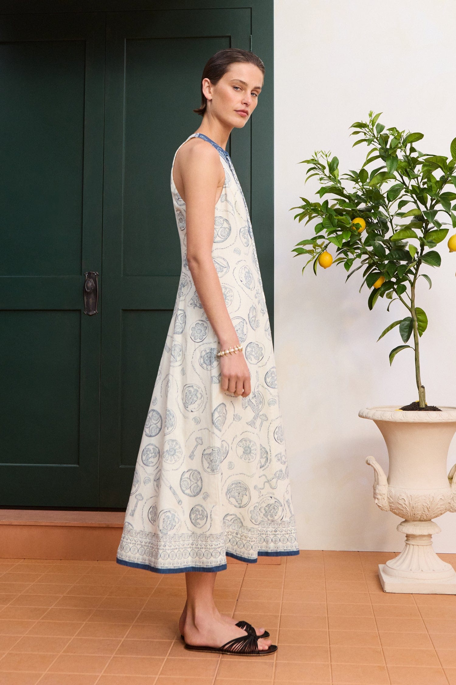 Alemäis Lucky robe midi en lin laçage imprimé nautique