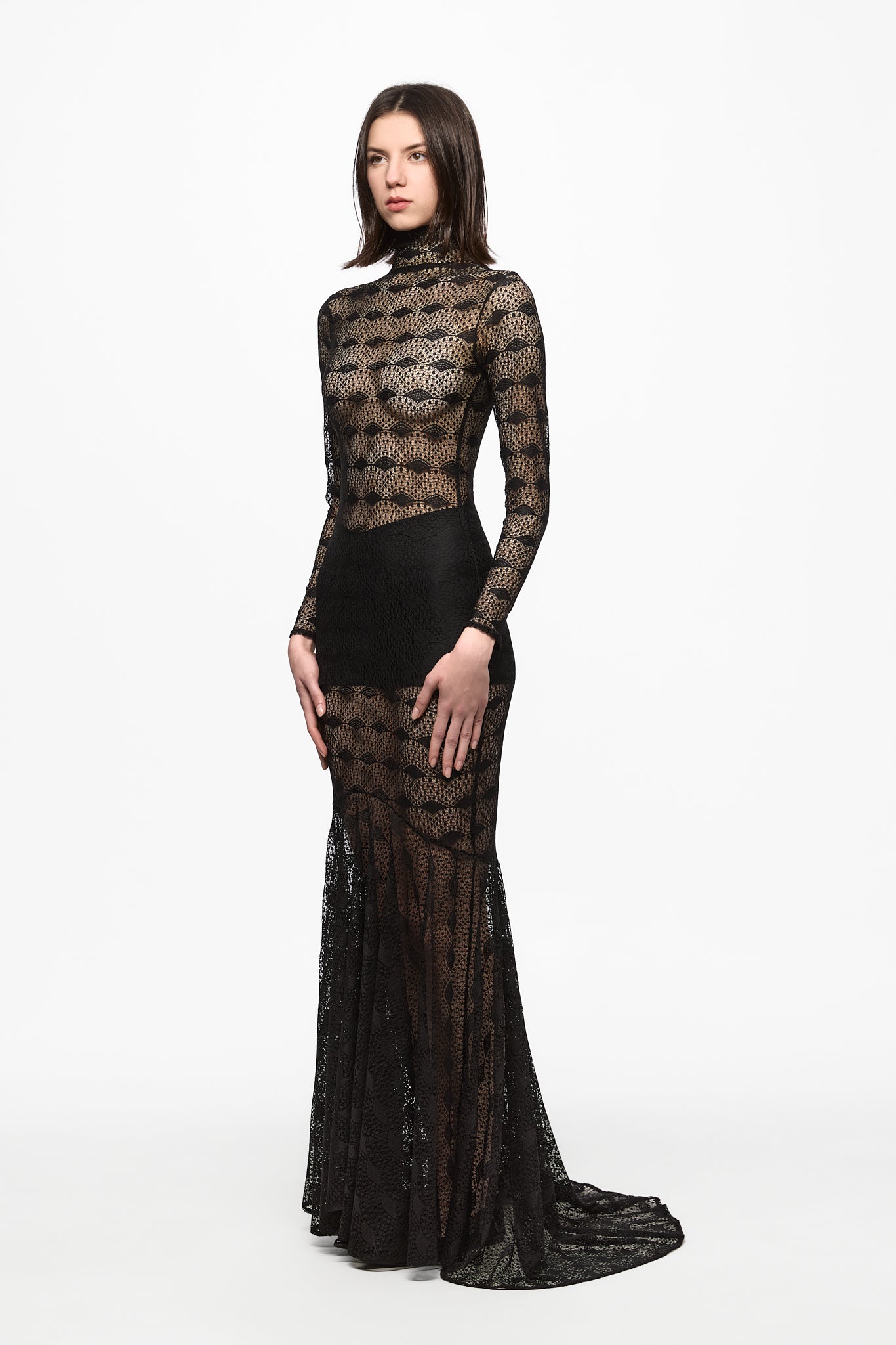 ATU Body Couture Black Lace Mermaid robe maxi dentelle noire