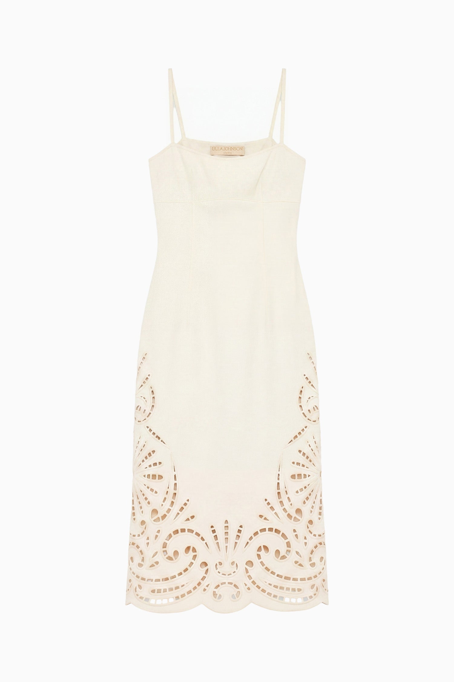 Ulla Johnson Jane robe midi jean broderie blanc cowrie