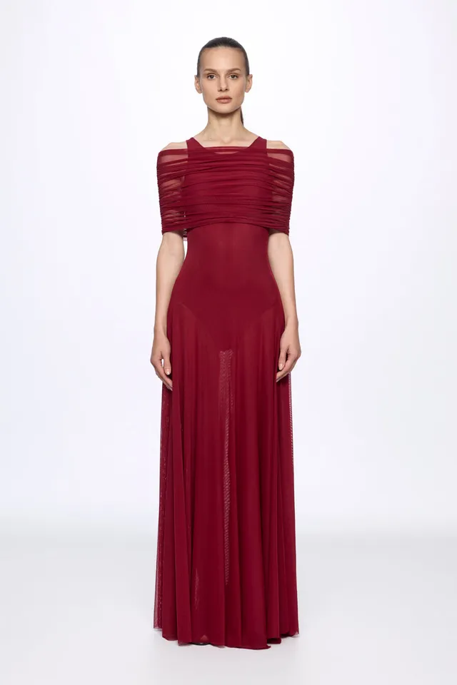 ATU Body Couture Long formal Round neck mesh maxi dress robe bordeaux