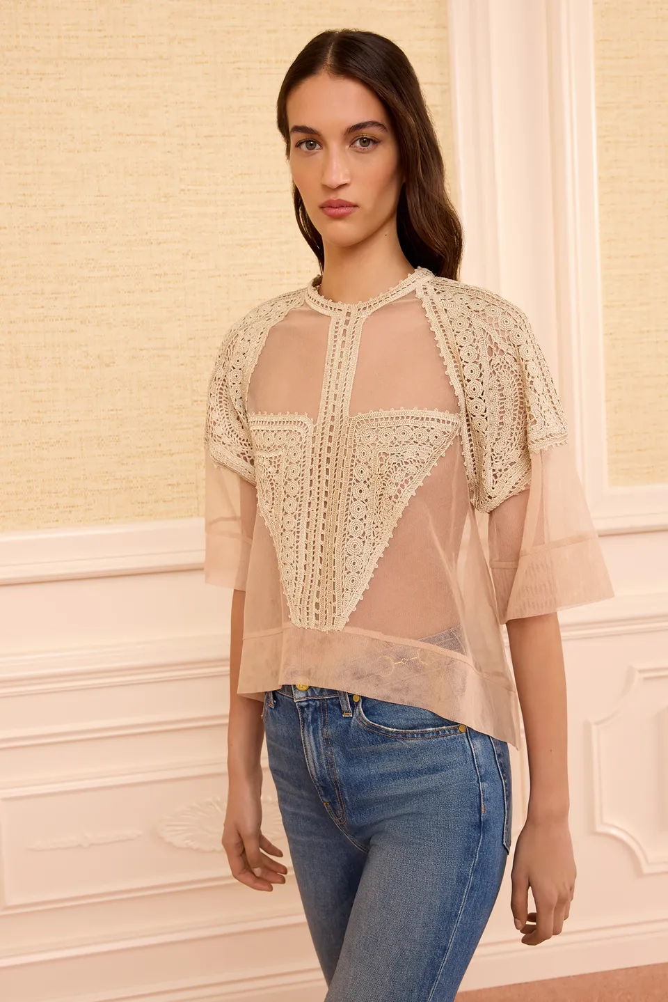 Ulla Johnson Tess top crochet tulle Sandstone