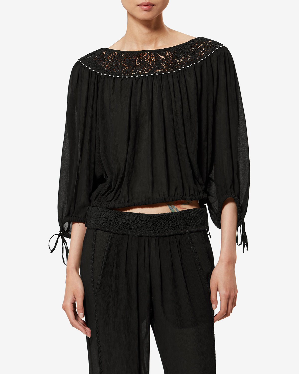 Isabel Marant Nelida top soie noir guipure perles