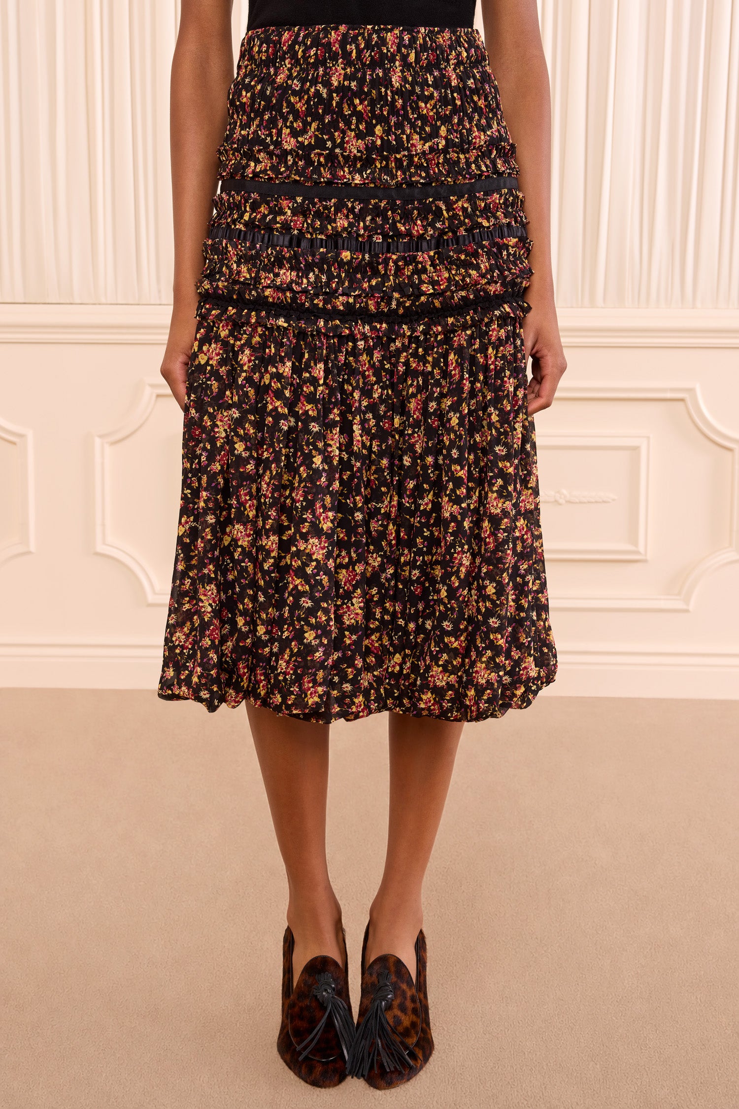 Ulla Johnson Auden FA260317 jupe midi Noir Mille Fleur soie