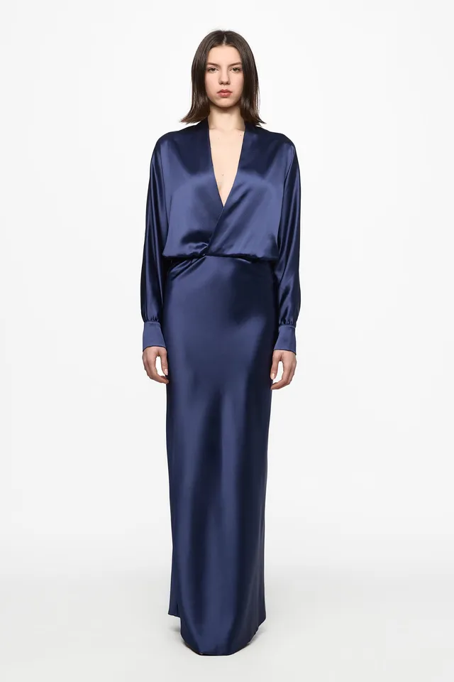 ATU Body Couture Long and formal robe longue satin bleu marine col V