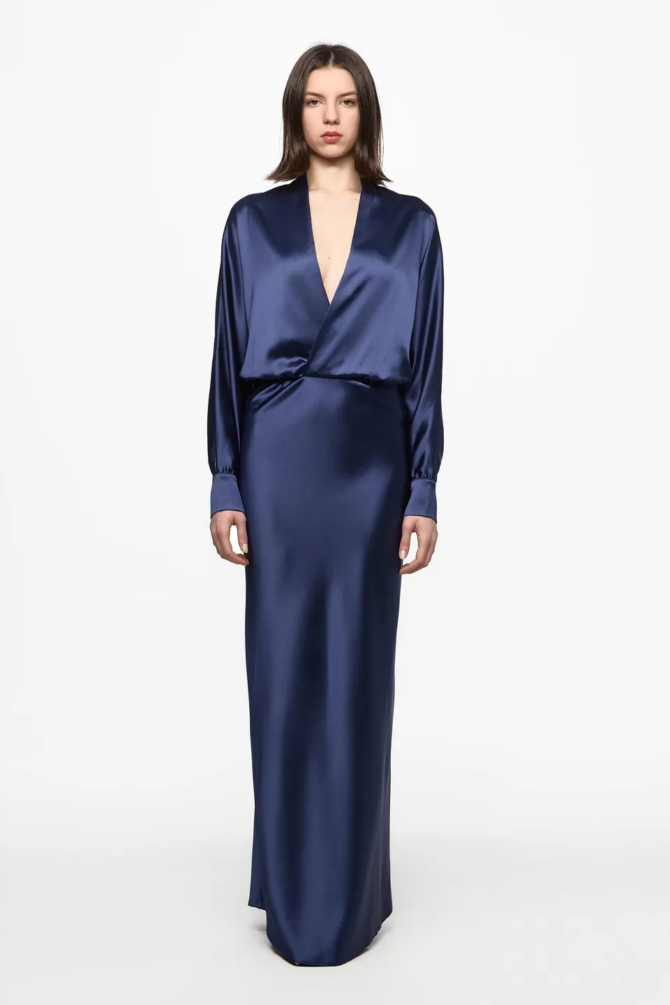 ATU Body Couture Long and formal robe longue satin bleu marine col V
