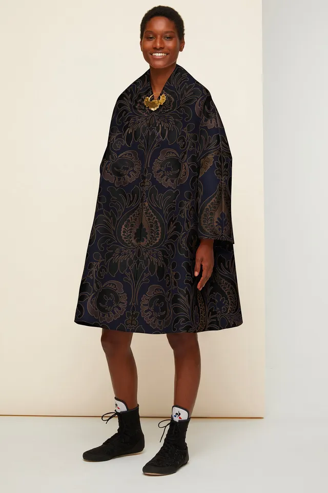 Patou H20CO00300075006 manteau brocart soie floral marine