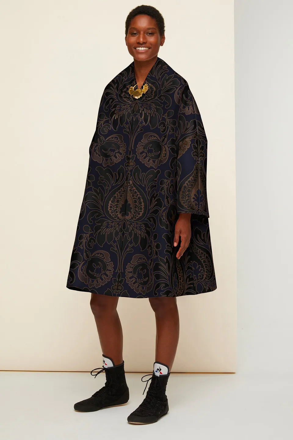Patou H20CO00300075006 manteau brocart soie floral marine