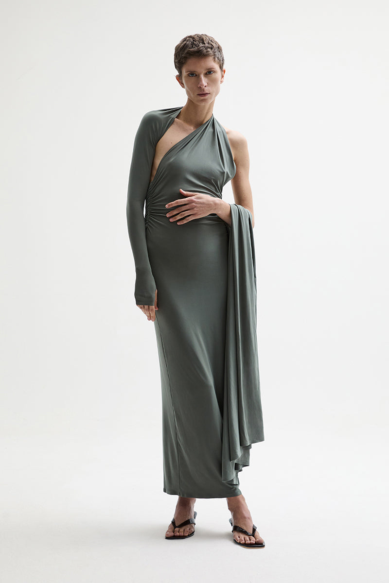 ATU Body Couture Swallow robe midi une manche à traîne