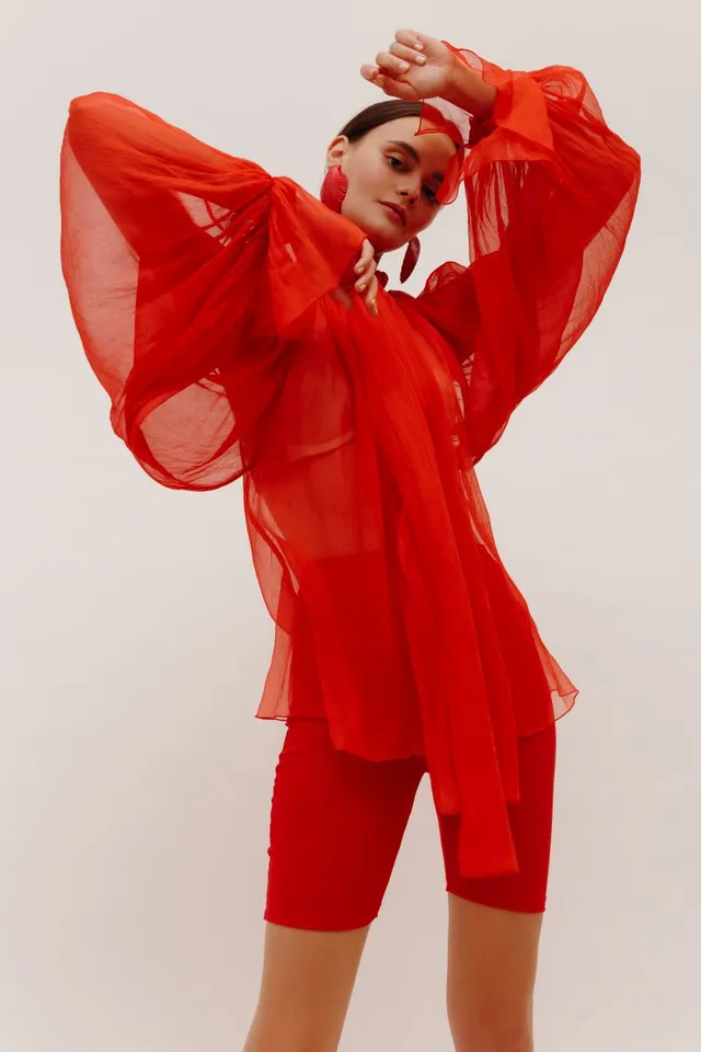 ATU Body Couture SILK Red Silk Chiffon Shirt chemise rouge S