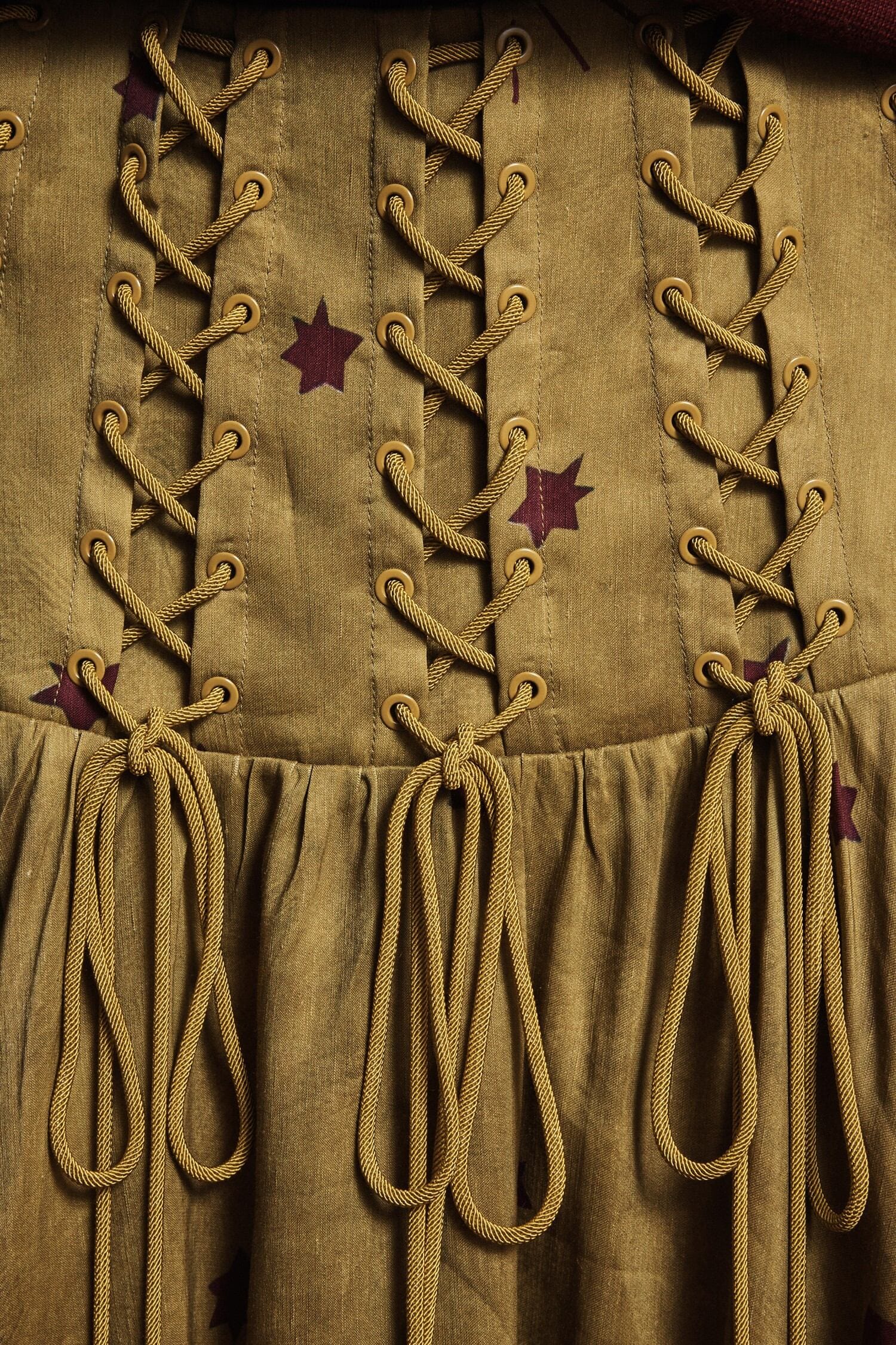 Alemaïs Astro jupe maxi lin olive étoiles taille 6 UK
