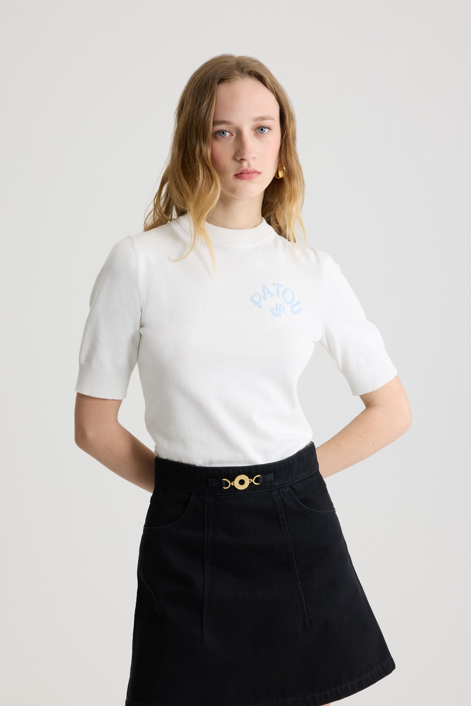 Patou H25KN3008045001W pull col nœud blanc coton bio logo
