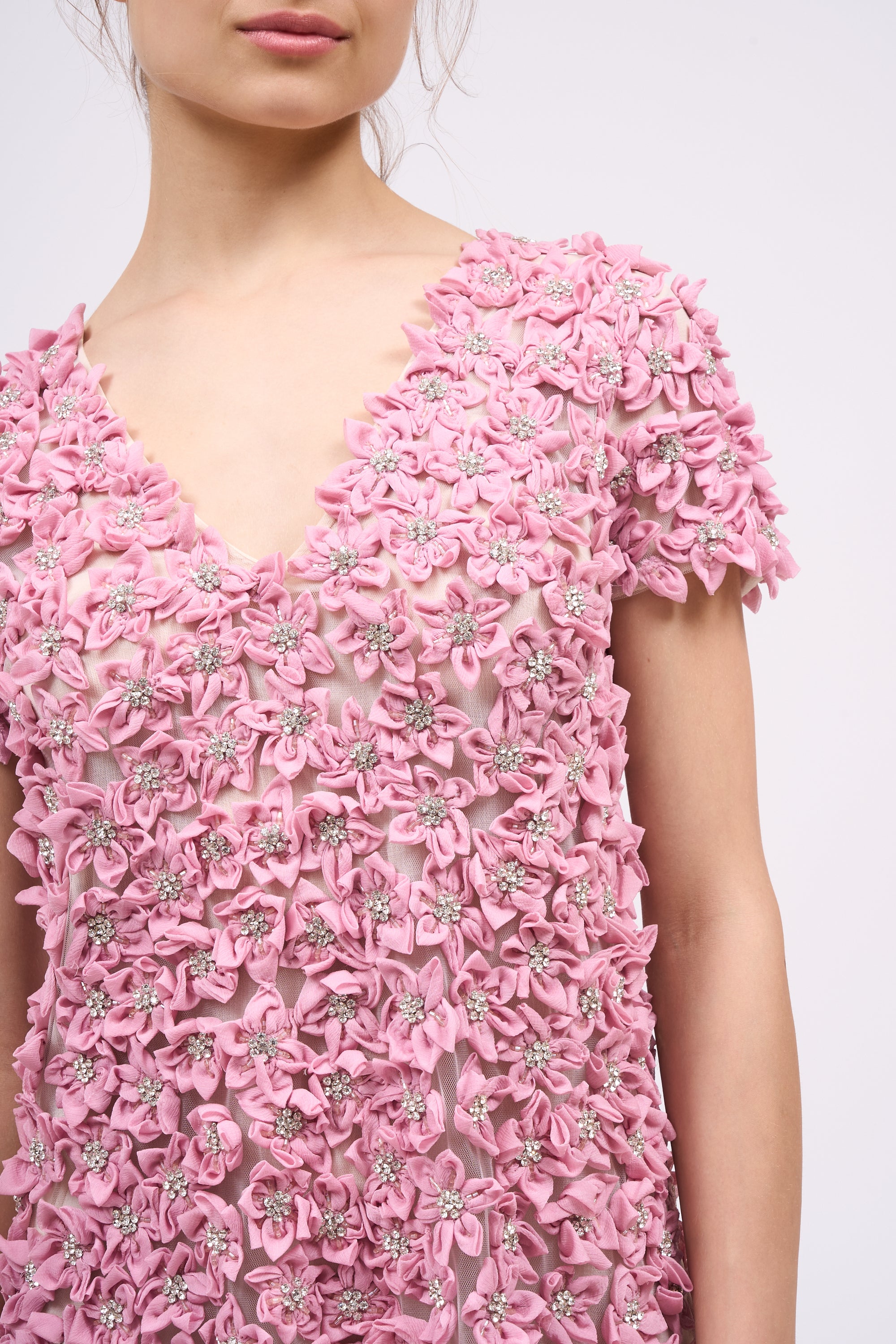 PAUL & JOE Robe courte brodée fleurs rose strass