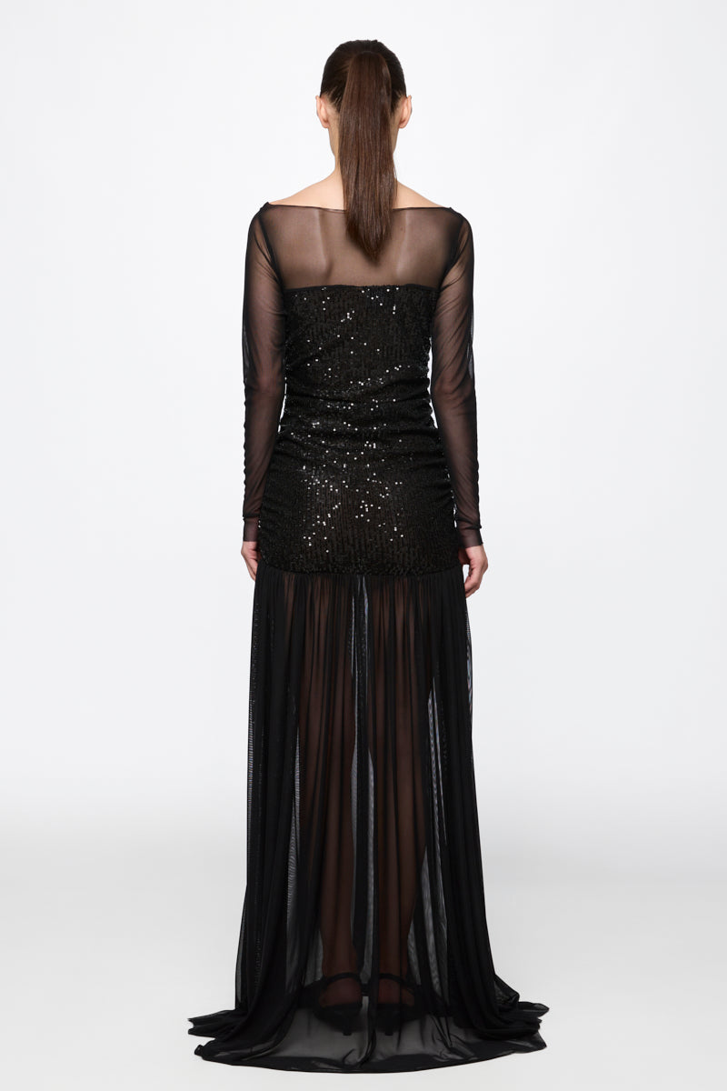 ATU Body Couture Sequins and Feathers Ruched Tulle Gown robe noire S