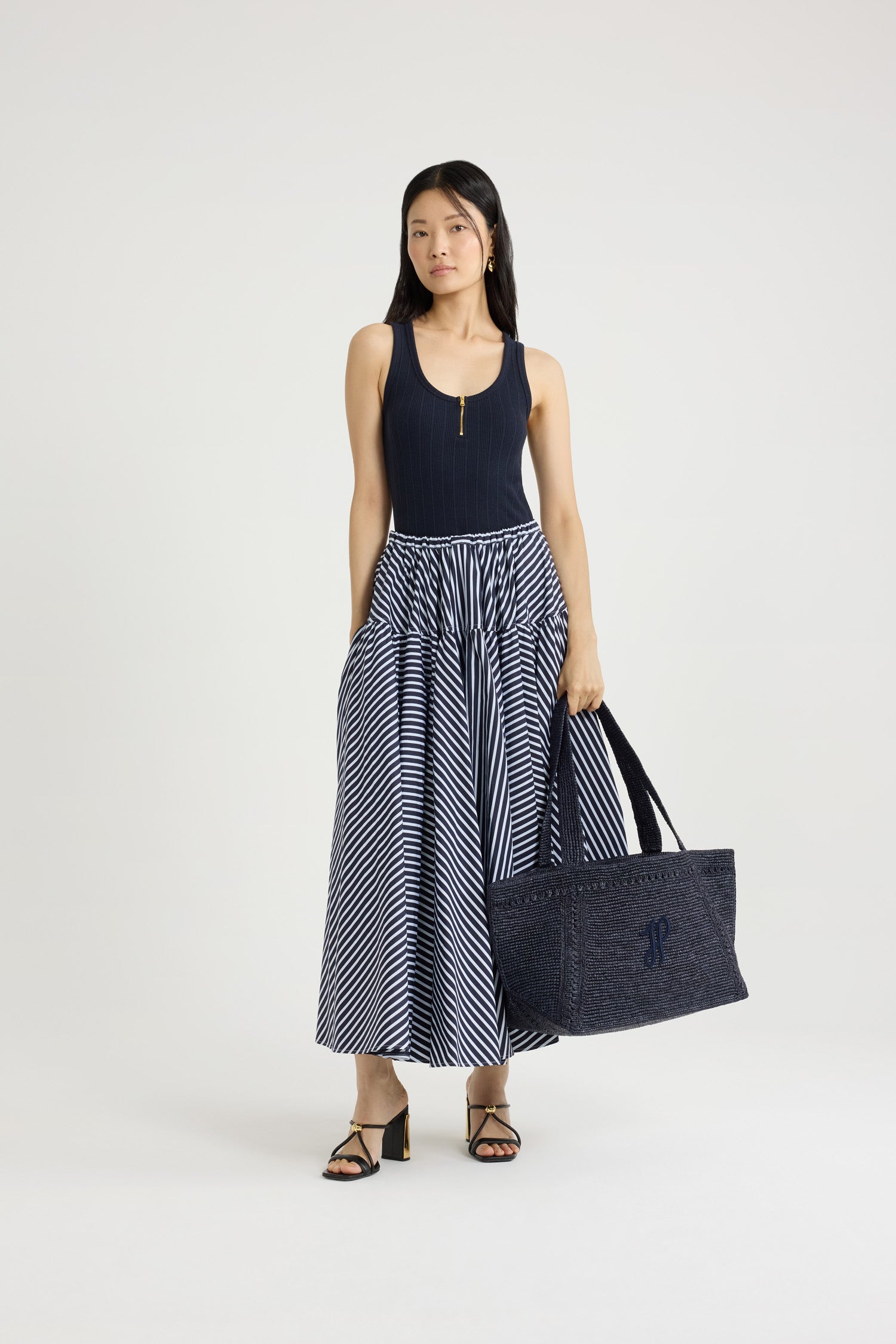 Patou P25SK080 jupe longue rayures bleu marine
