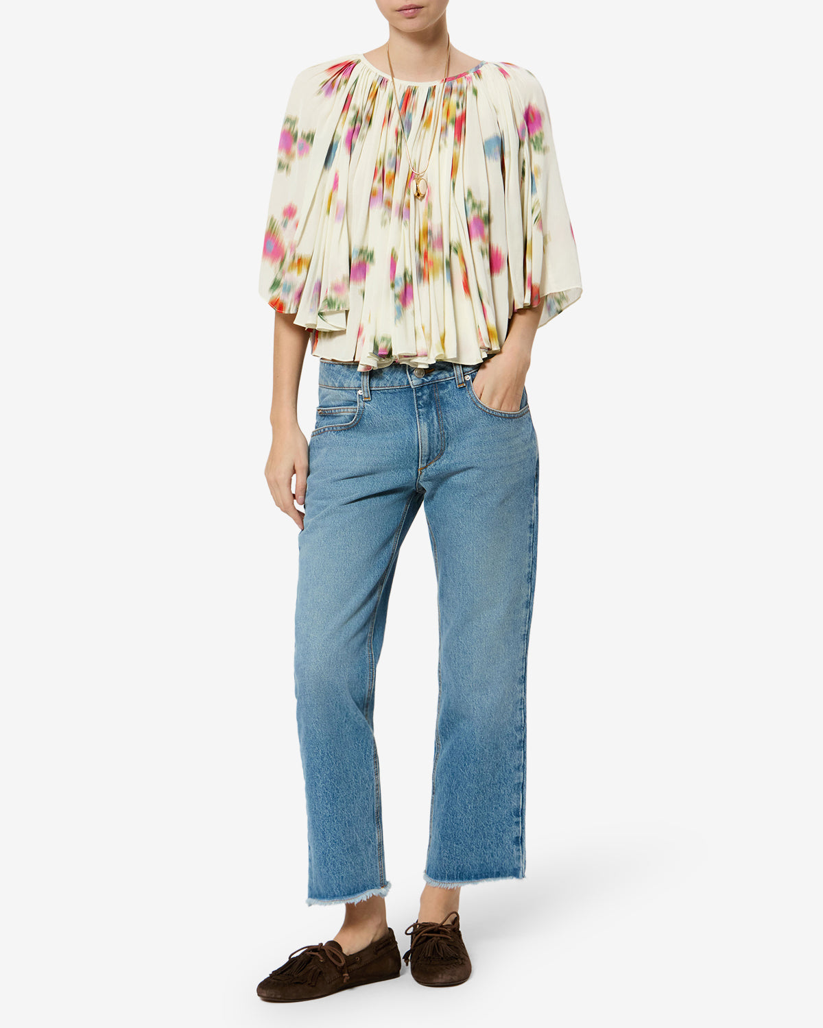 Isabel Marant Lara blouse imprime fleuri ecru manches courtes