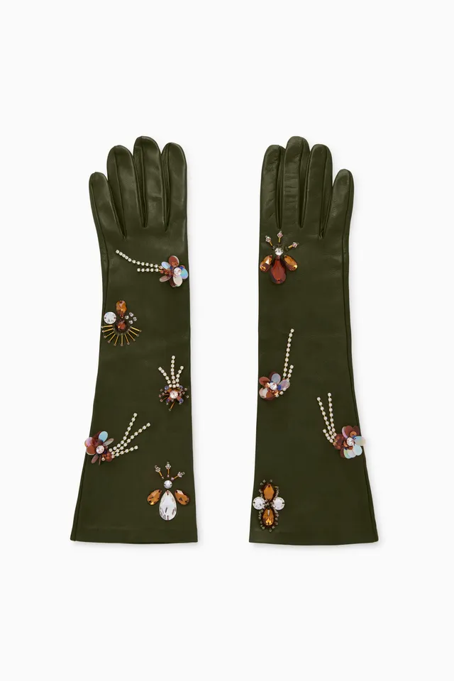Ulla Johnson Laetitia gants cuir Militaire vert brodé