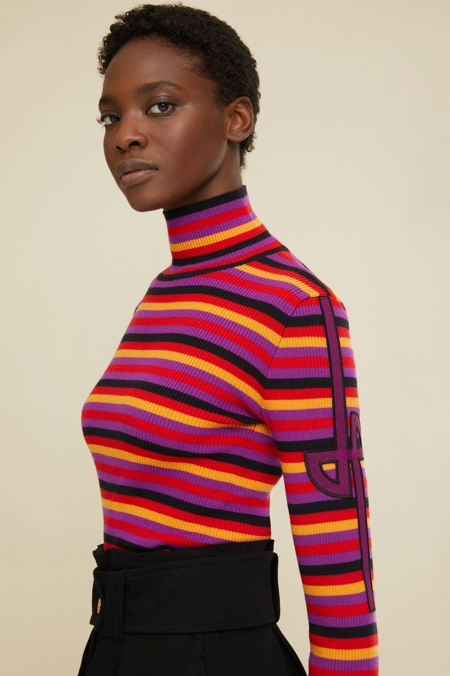 Patou pull col montant maille rayé fuchsia XS-XL