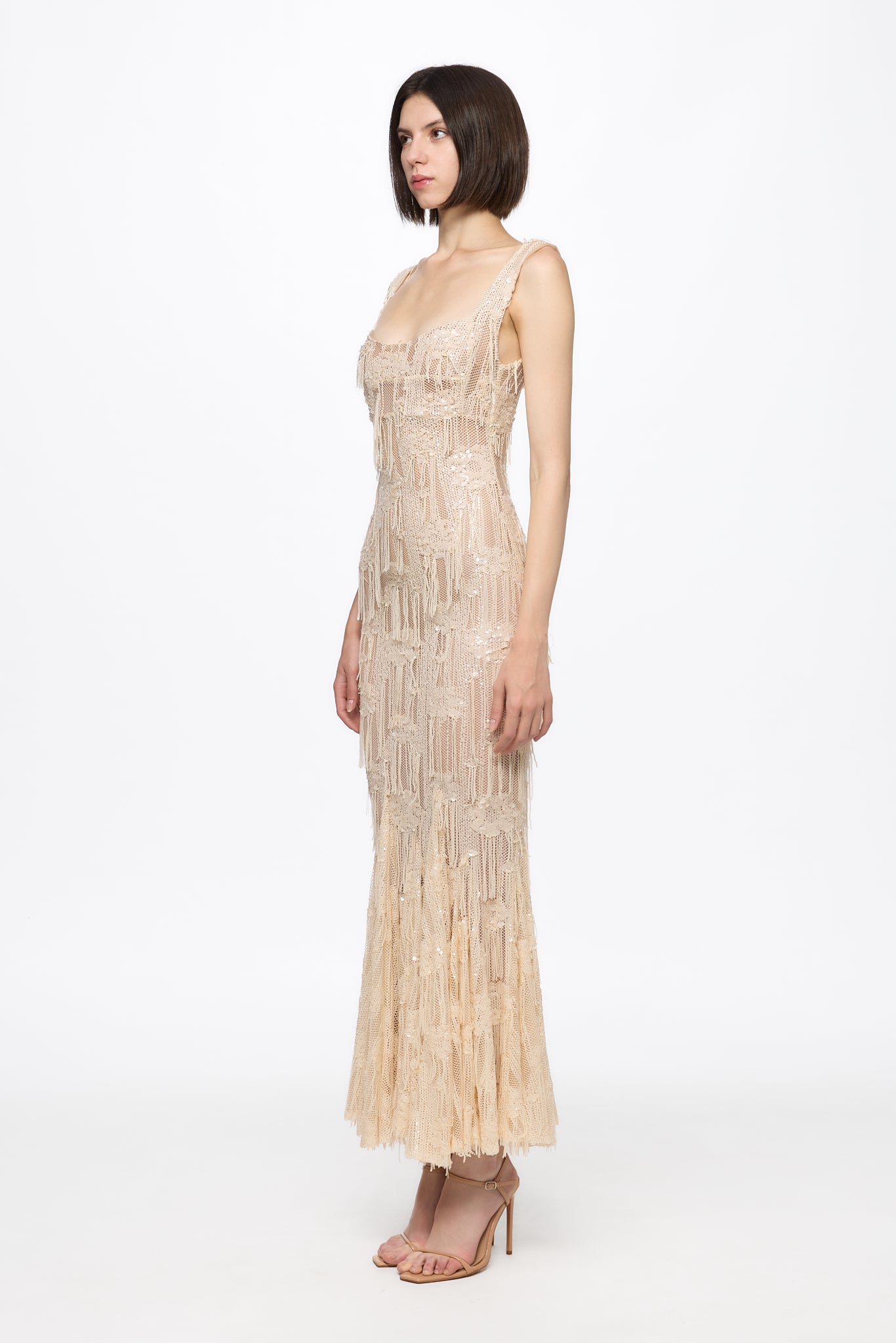 ATU Body Couture Sequins and Feathers robe midi corset vanille sequins