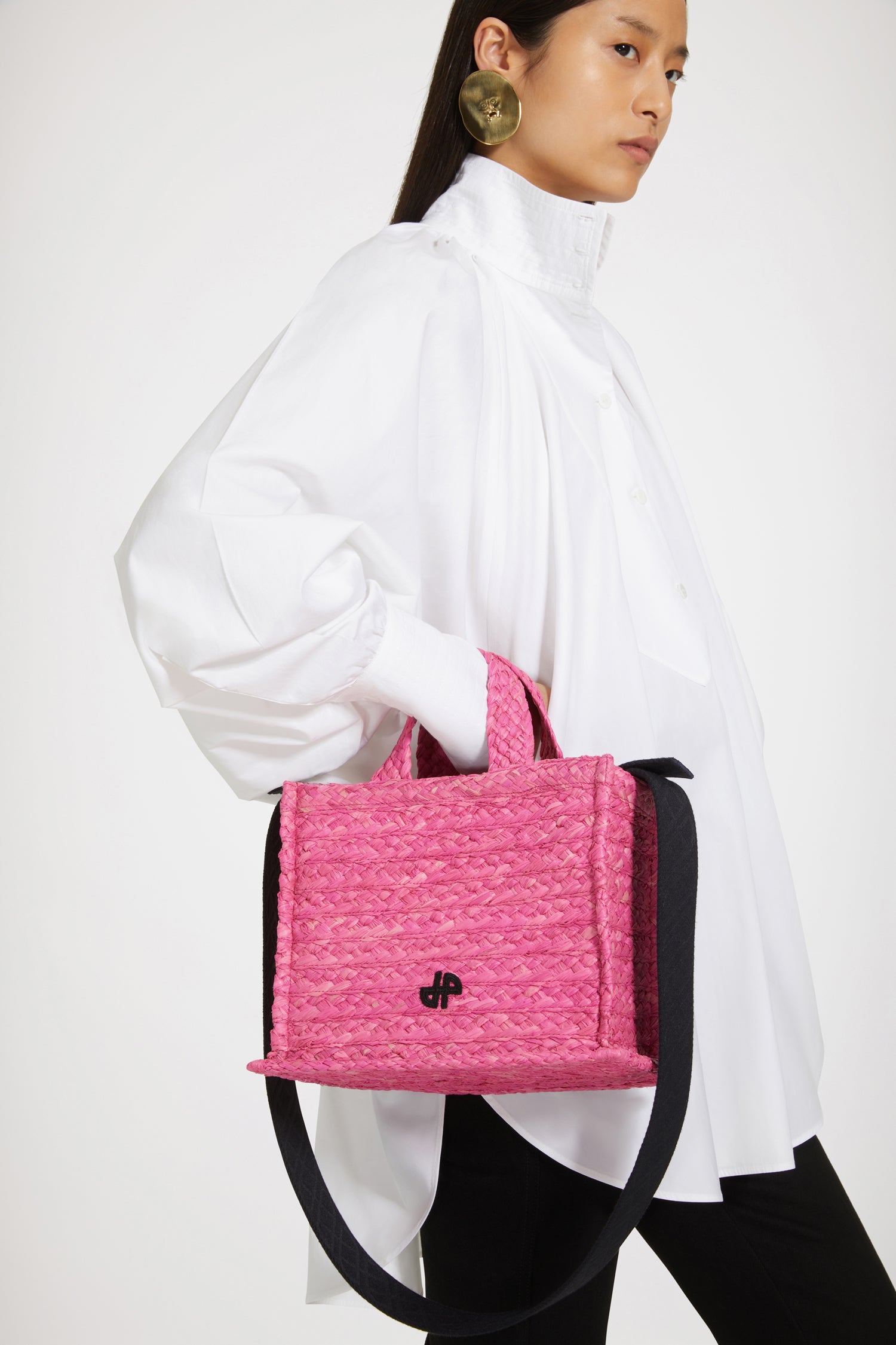 Patou Small JP tote sac raphia rose bégonia TU