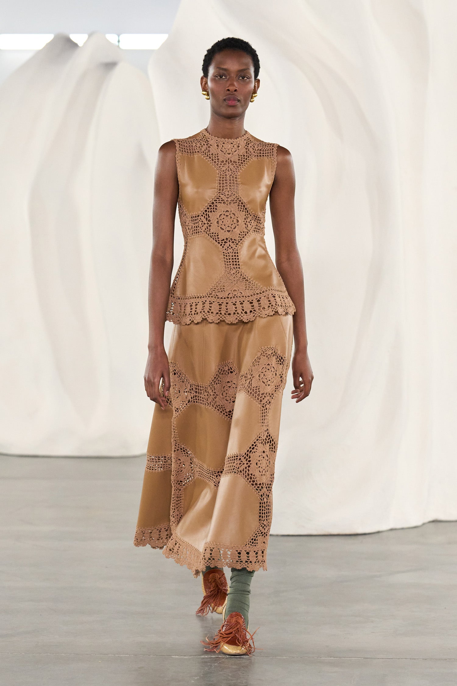 Ulla Johnson Izra Jupe crochet cuir Camel midi