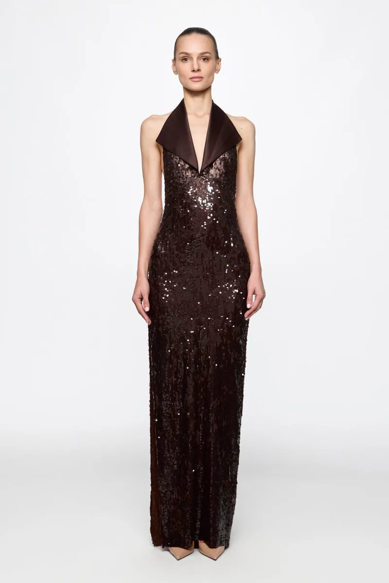 ATU Body Couture robe midi marron sequins col satin