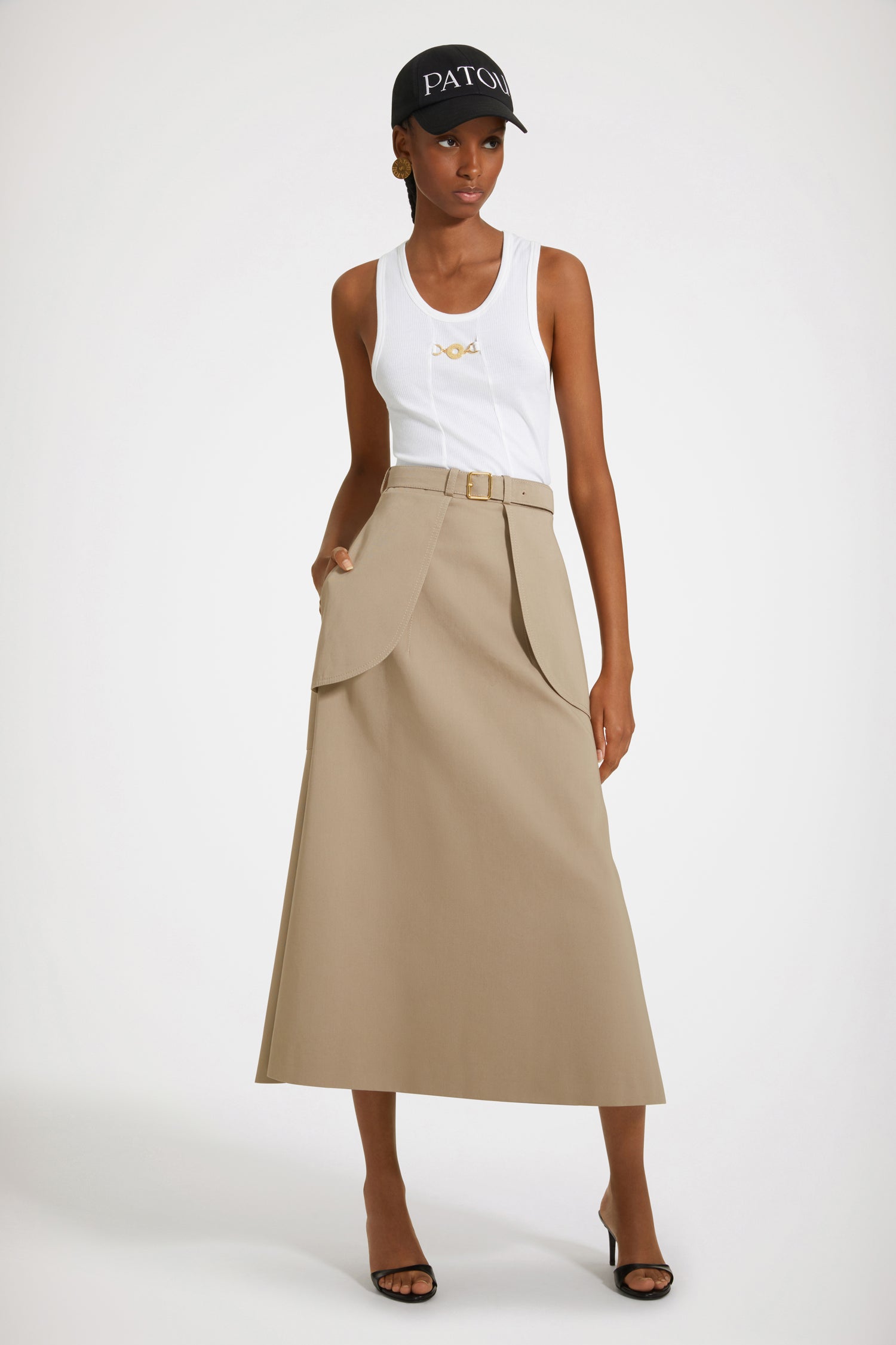 Patou SK035 jupe midi parchemin coton bio poches ceinture
