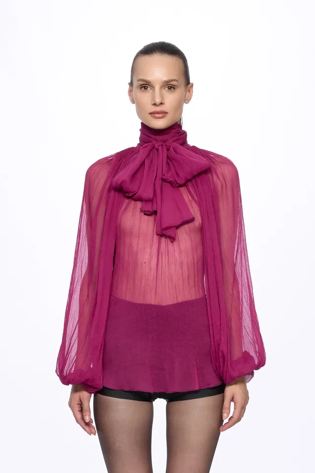 ATU Body Couture Silk chemisier soie fuchsia à foulard