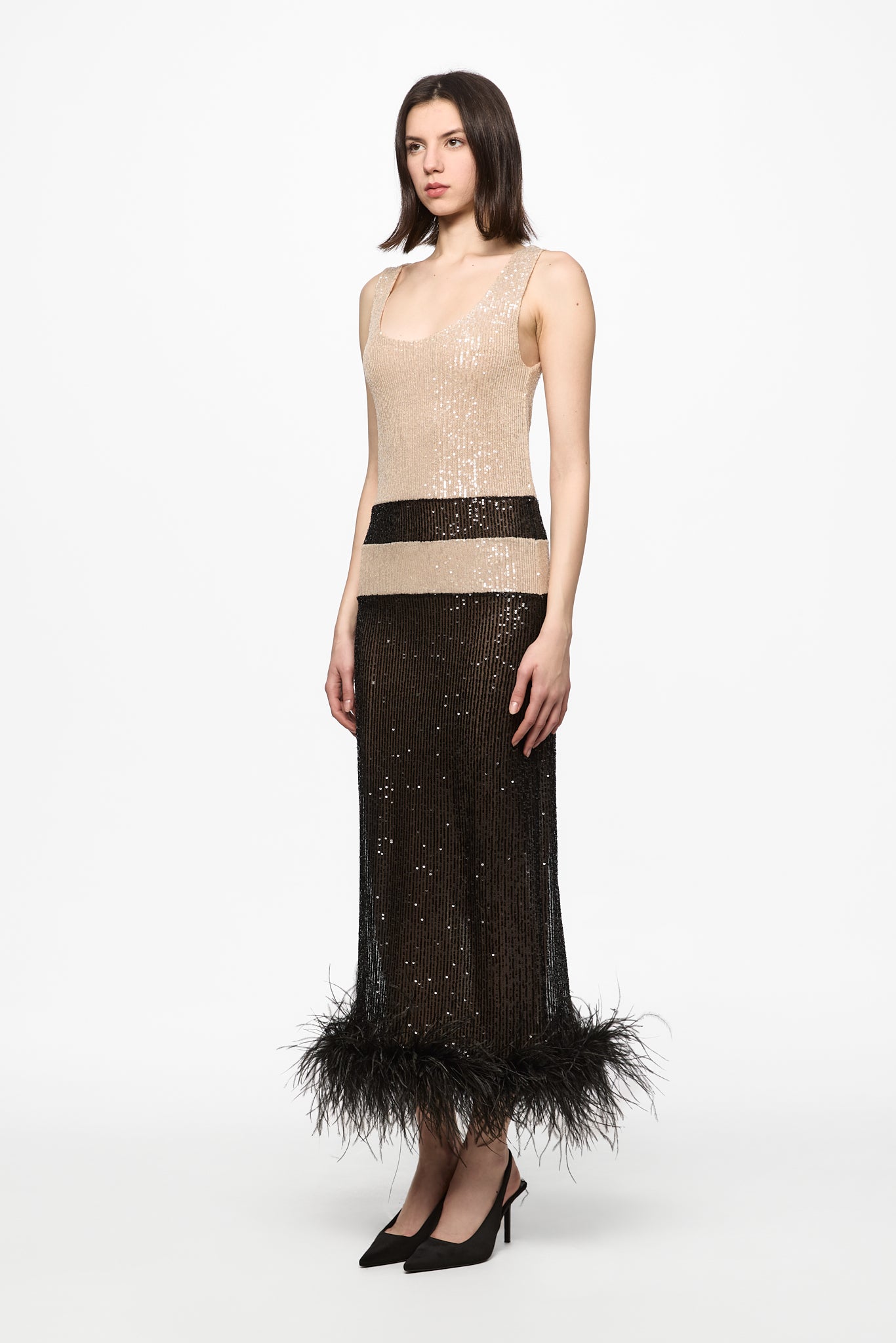 ATU Body Couture Sequins robe midi noir sequins plumes taille S