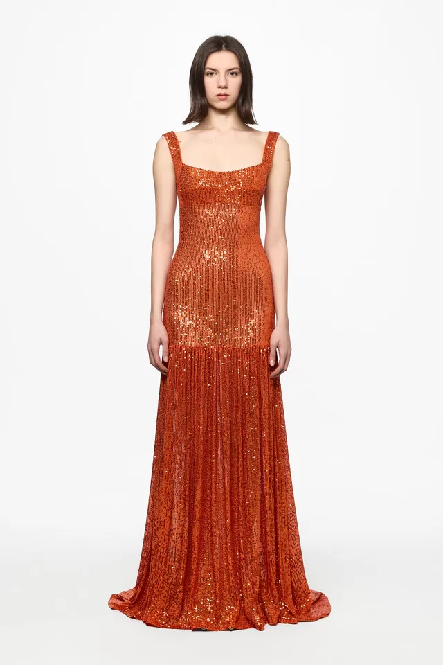 ATU Body Couture Sequins and Feathers robe maxi orange plumes taille S