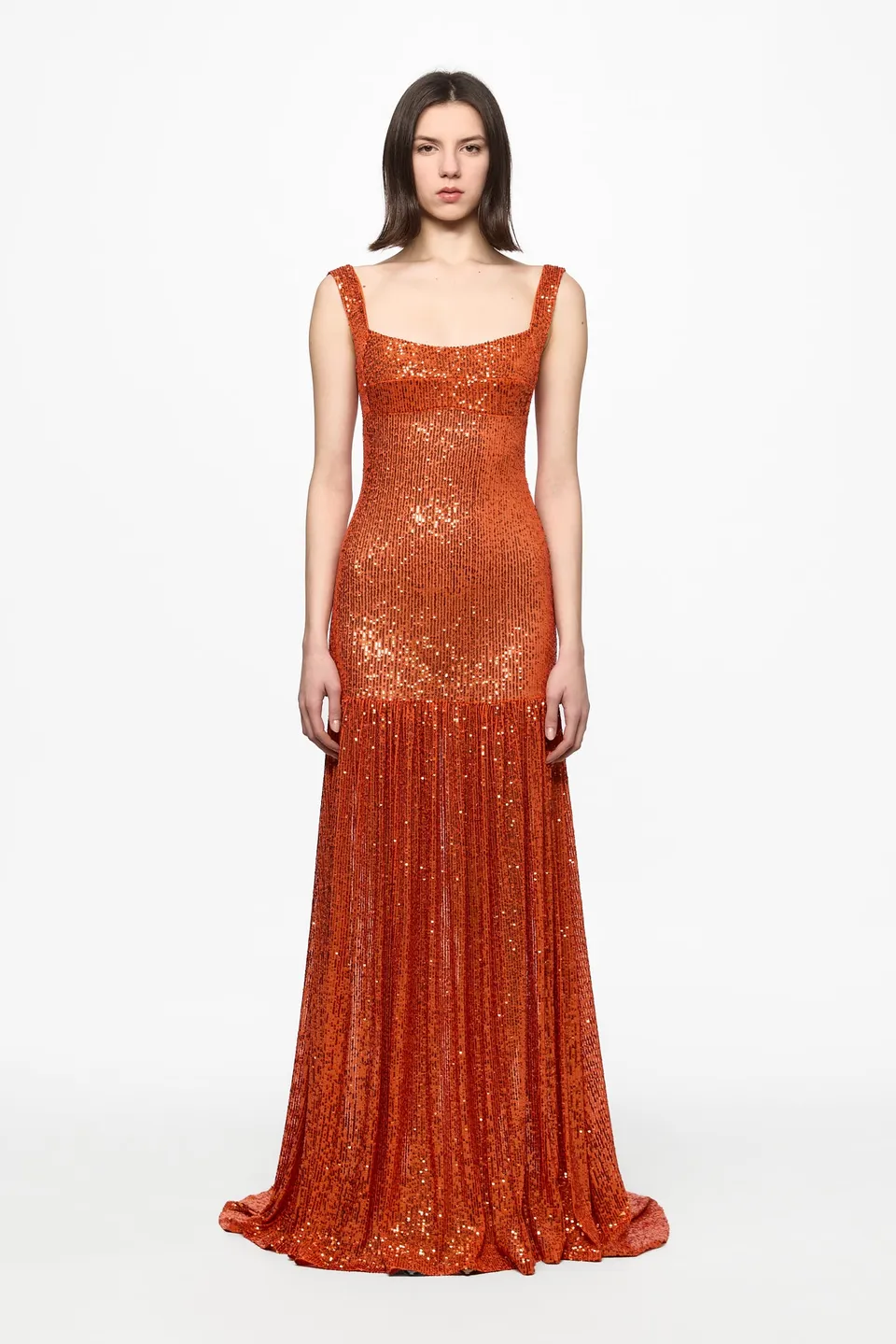 ATU Body Couture Sequins and Feathers robe maxi orange plumes taille S