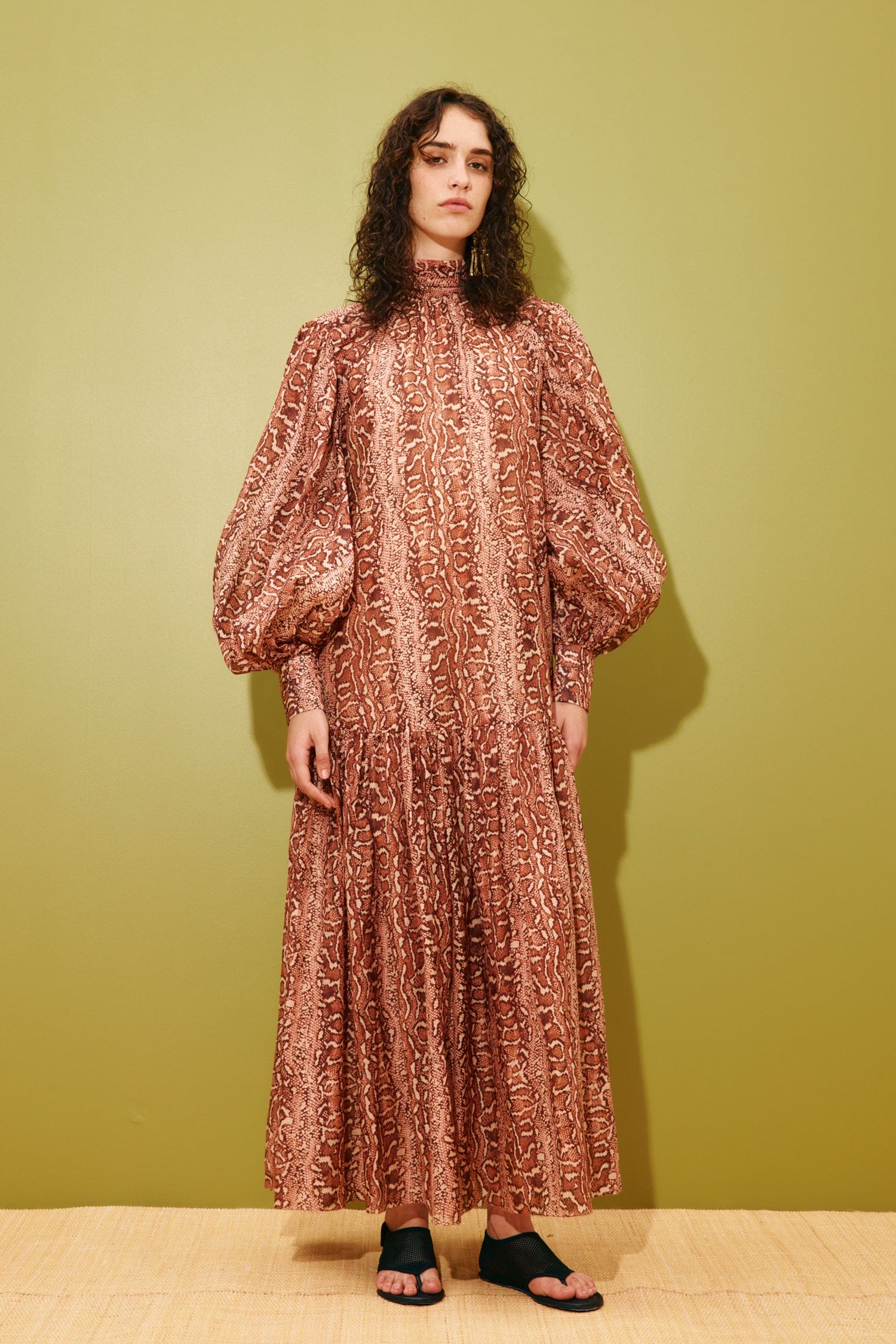Alemais Varna Gown robe midi imprimé animal coton soie