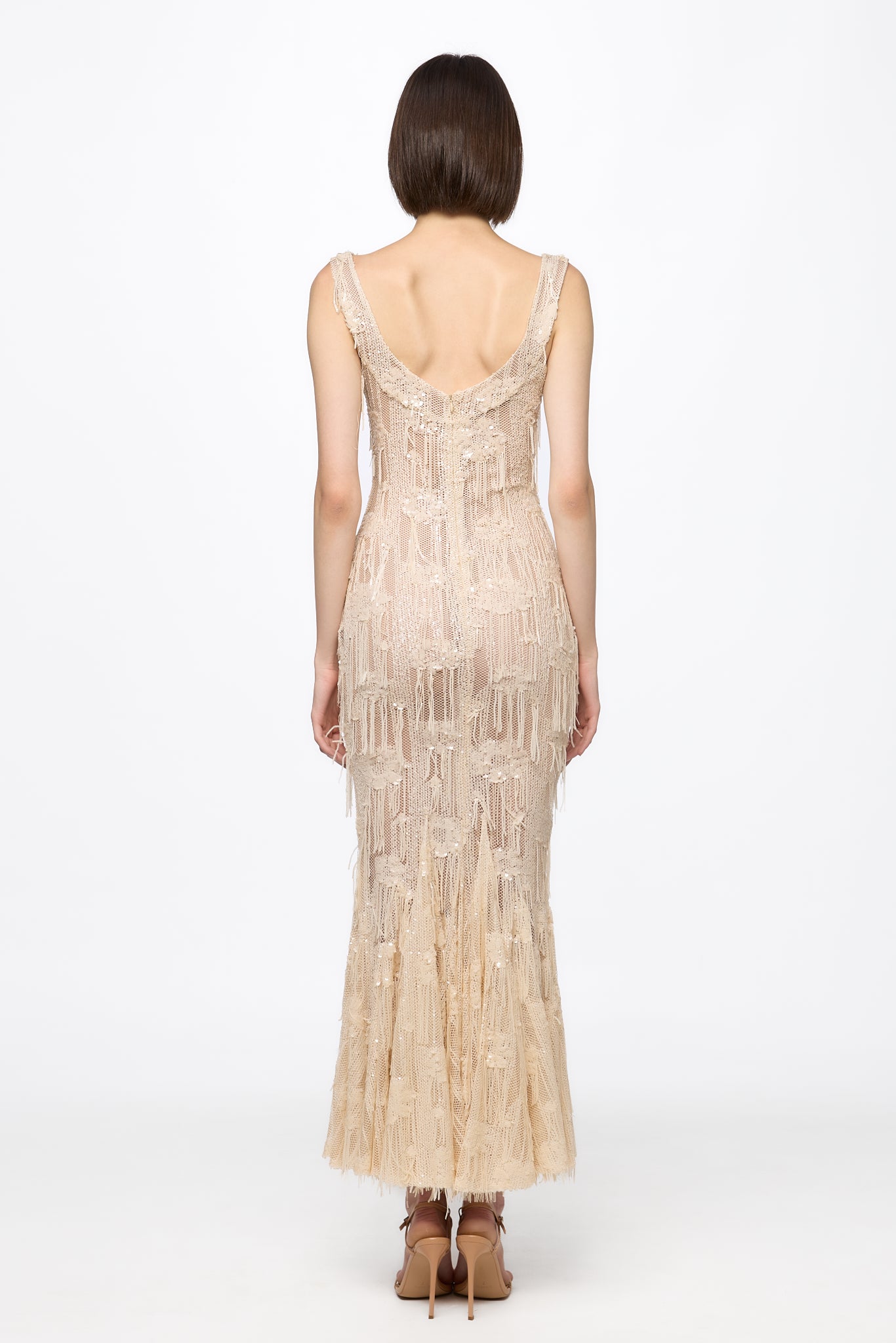 ATU Body Couture Sequins and Feathers robe midi corset vanille sequins