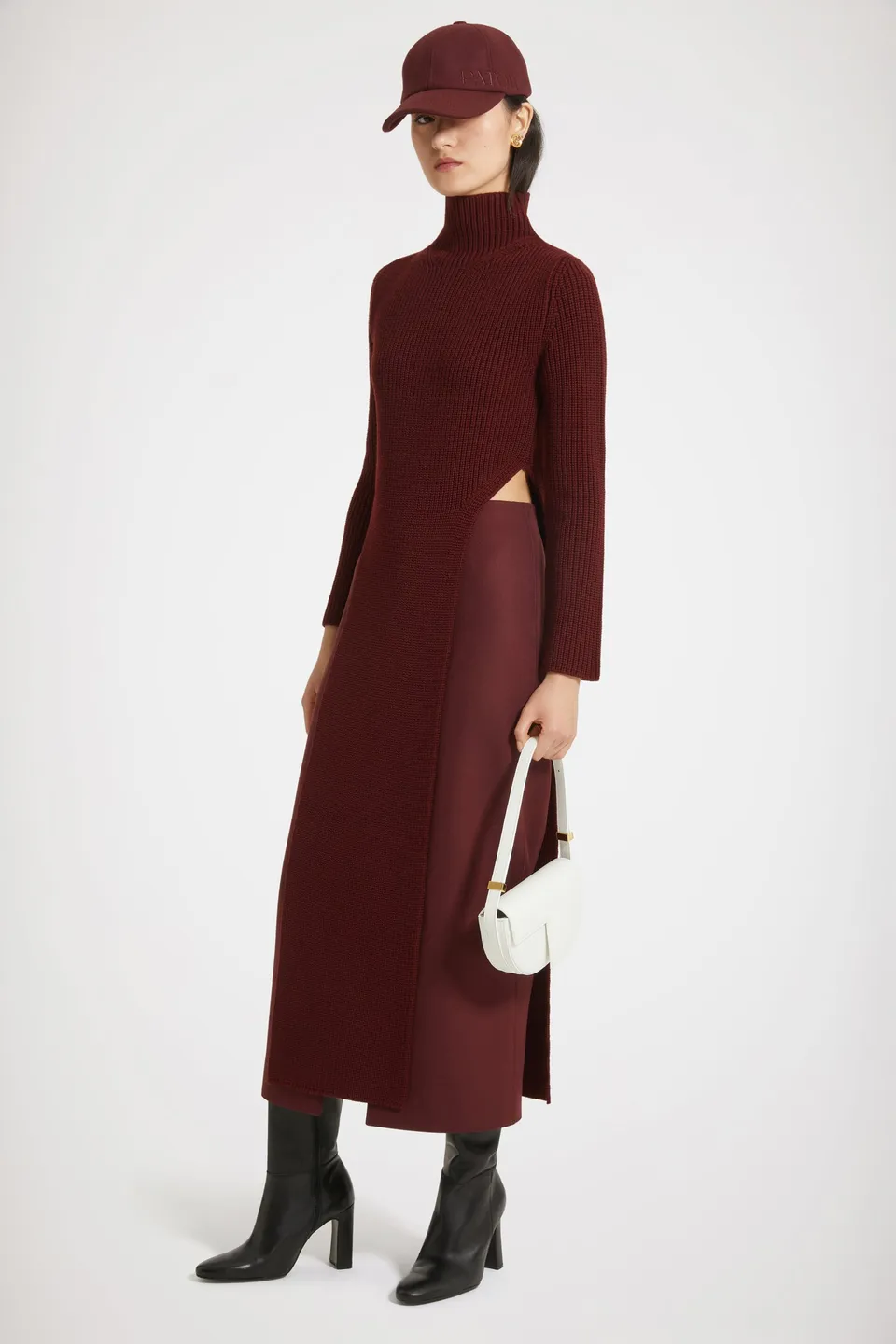 Patou Ribbed panel jumper pull laine rouge Ruby Wine M