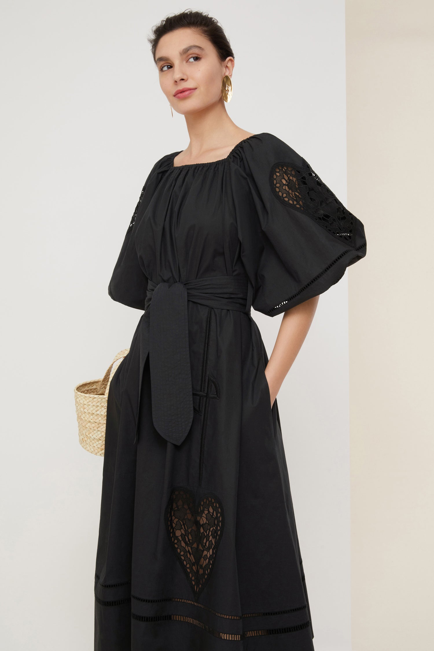 Patou E20DR037 robe maxi ajourée noire popeline coton