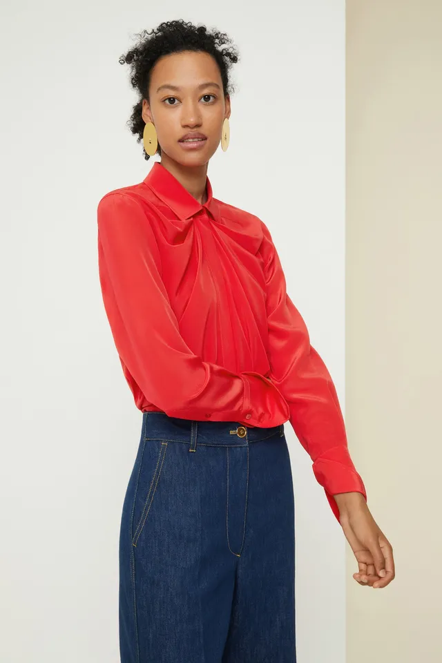 Patou BL003 blouse soie drapée rouge capucine