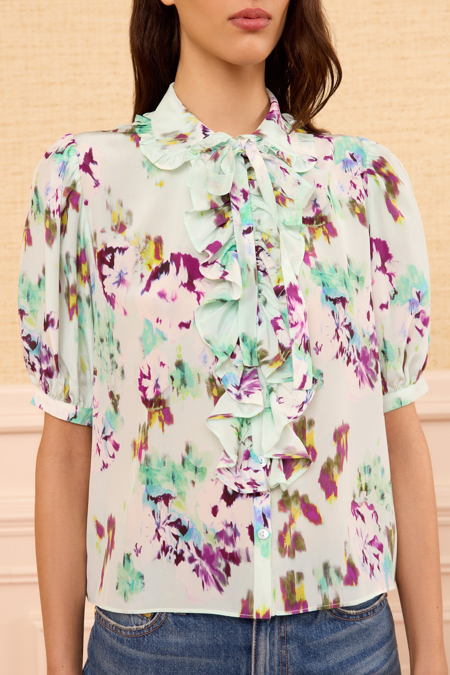 Ulla Johnson Camellia top soie Oasis vert manches courtes