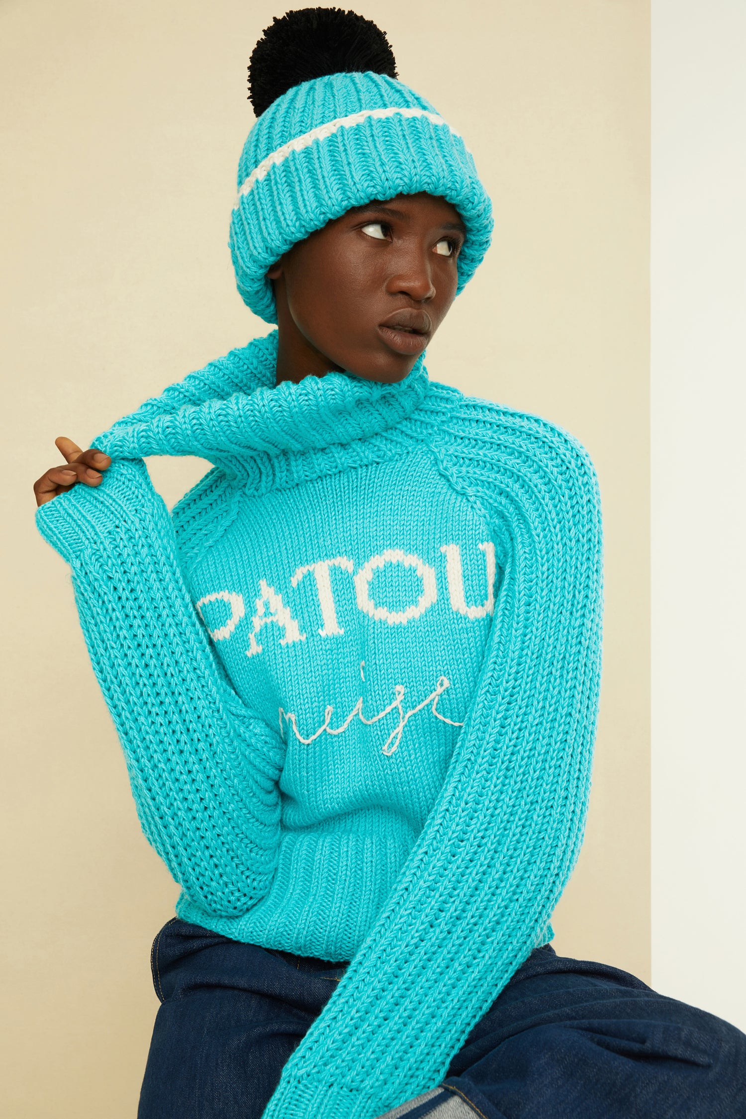 Patou Neige KN082 pull col roulé bleu laine mérinos